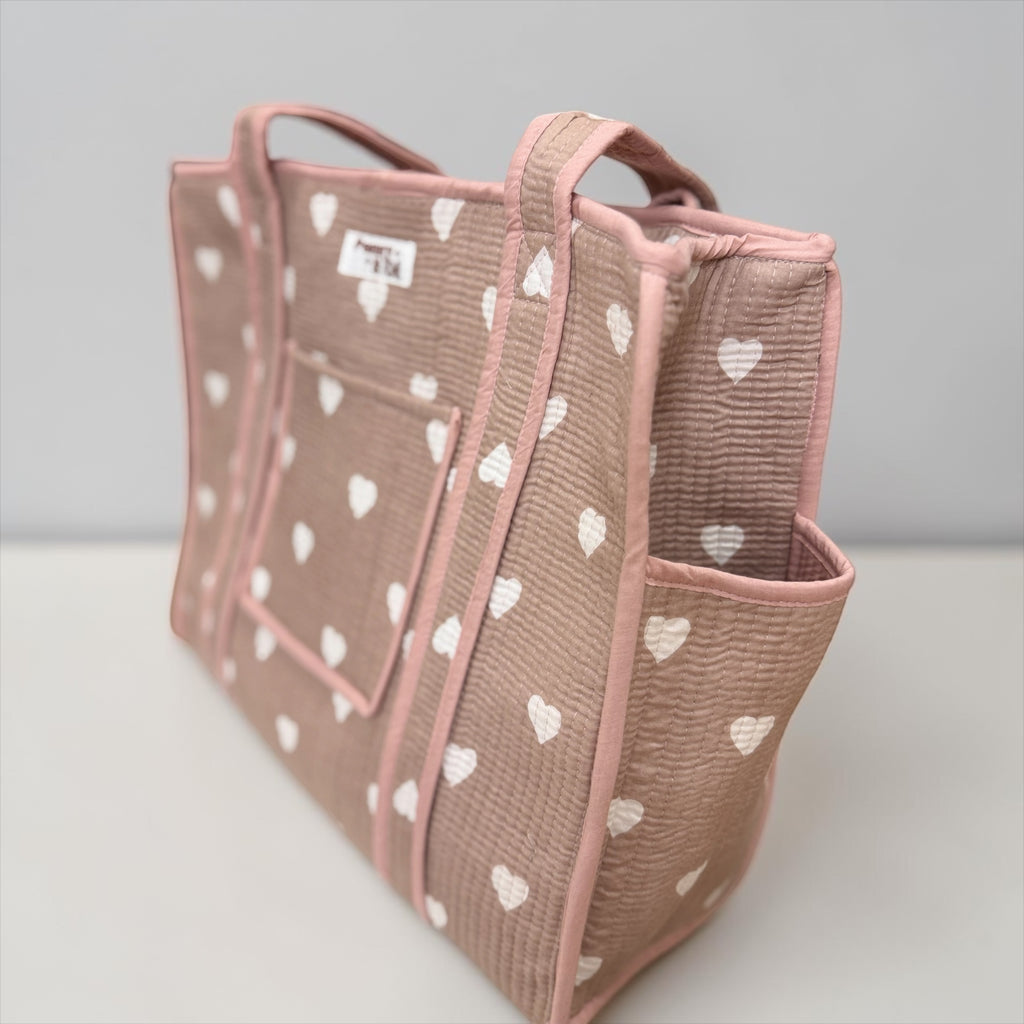 Beigey Pink Hearts Travel Tote, Handmade Cotton Tote Bag
