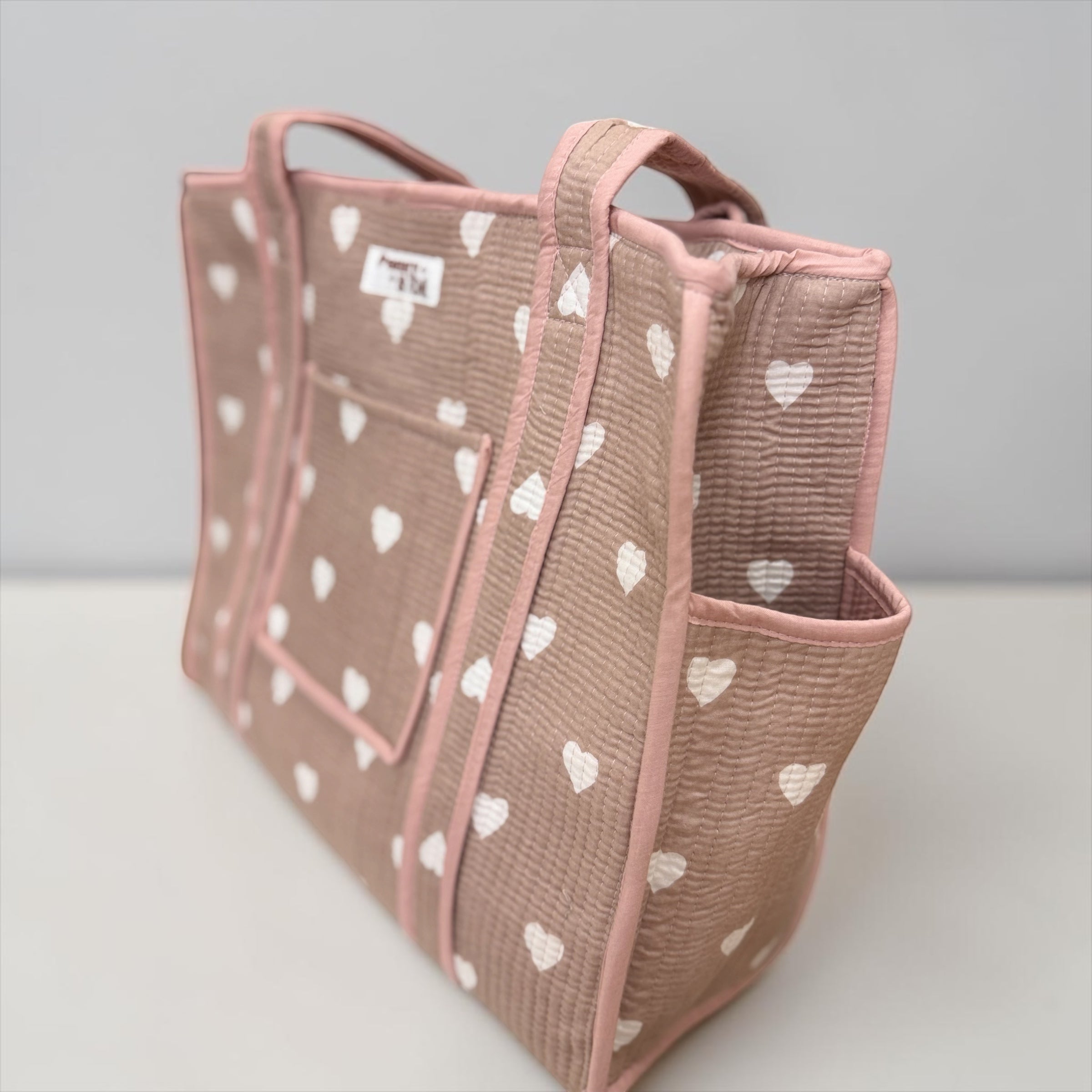 Beigey Pink Hearts Travel Tote, Handmade Cotton Tote Bag