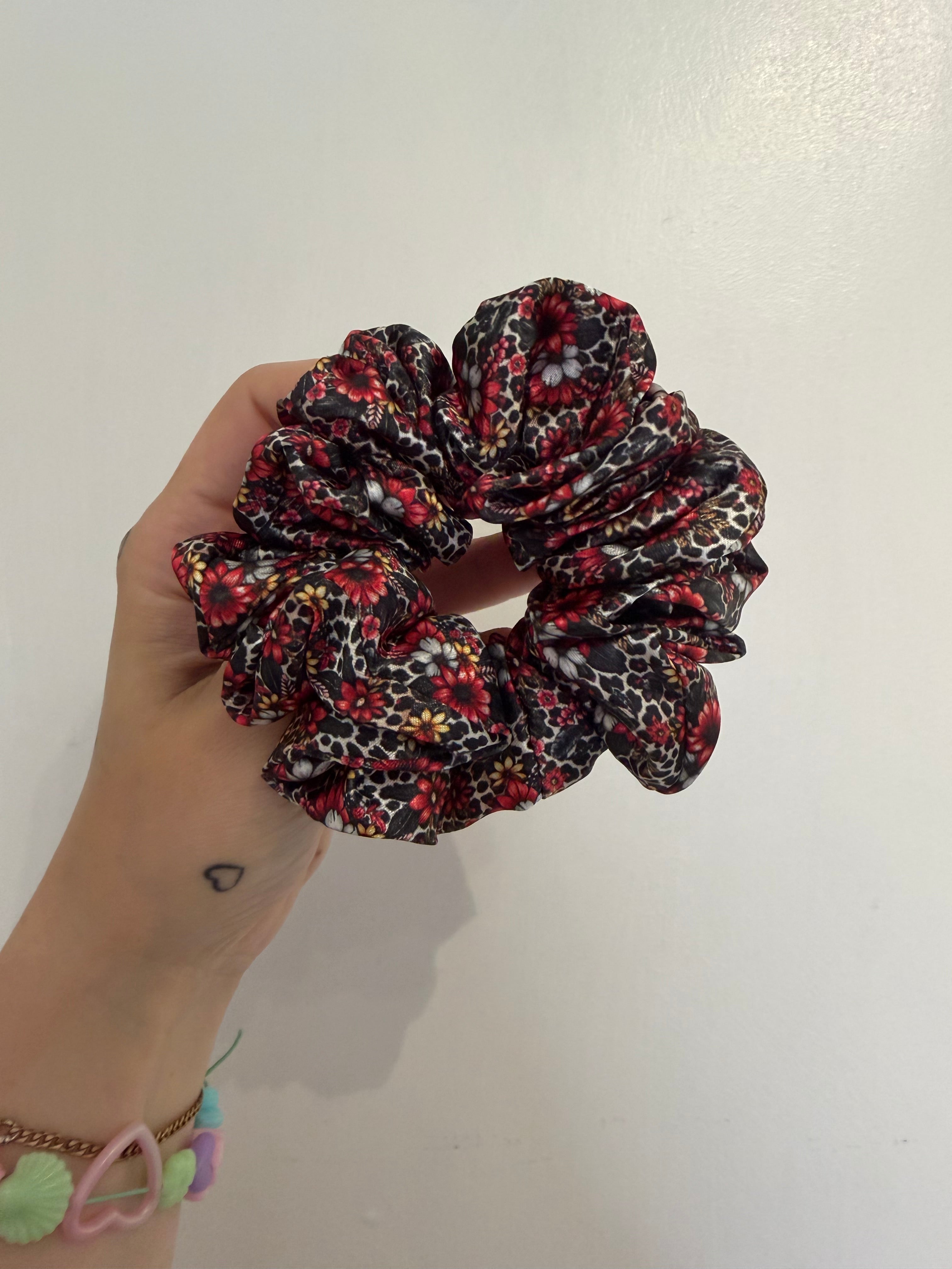 Floral snow leopard MIDI Satin Hair Scrunchie
