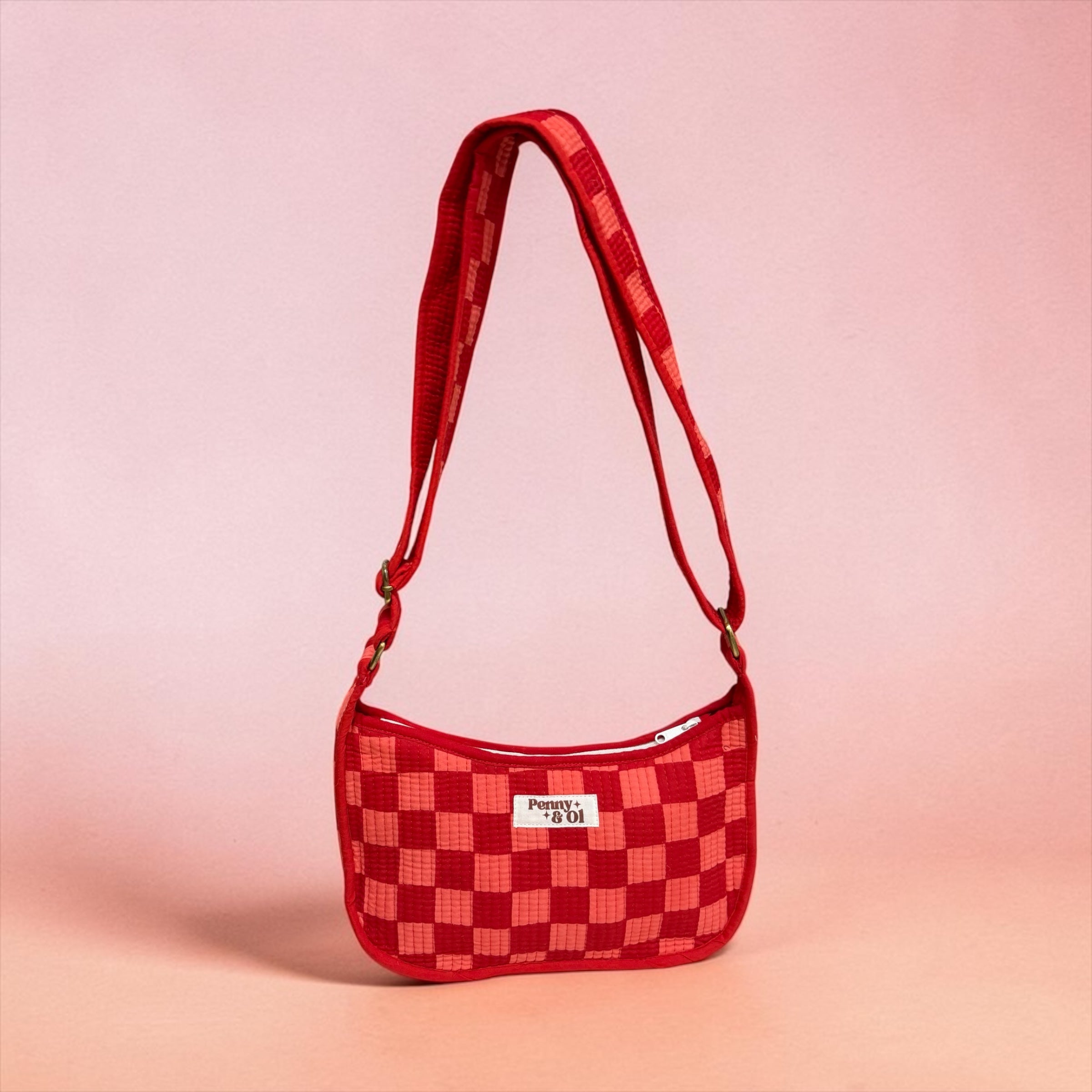 Pink and Red Checkered Mini SHOULDER Bag, Handmade Cotton Tote Bags