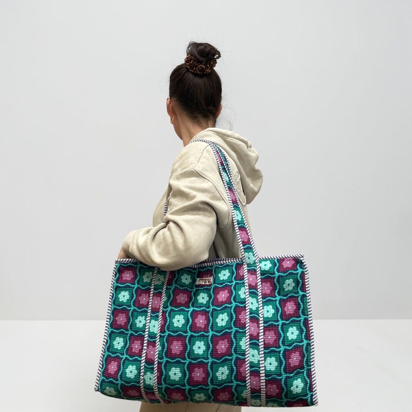 Green floral blocks LARGE Cotton Tote Bag