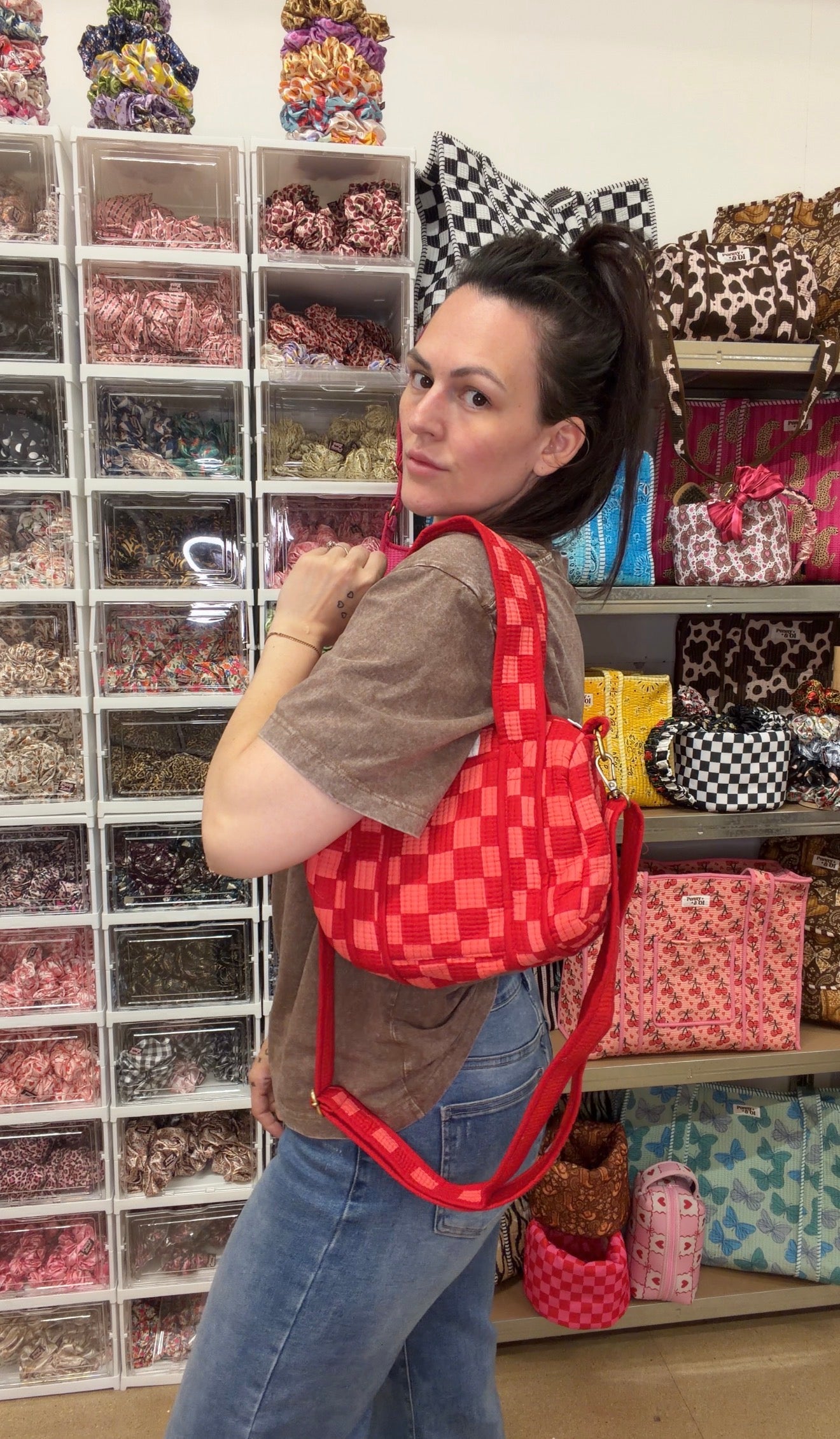 Pink & Red Checkerboard MINI DUFFLE Tote Bags - Penny & Ol