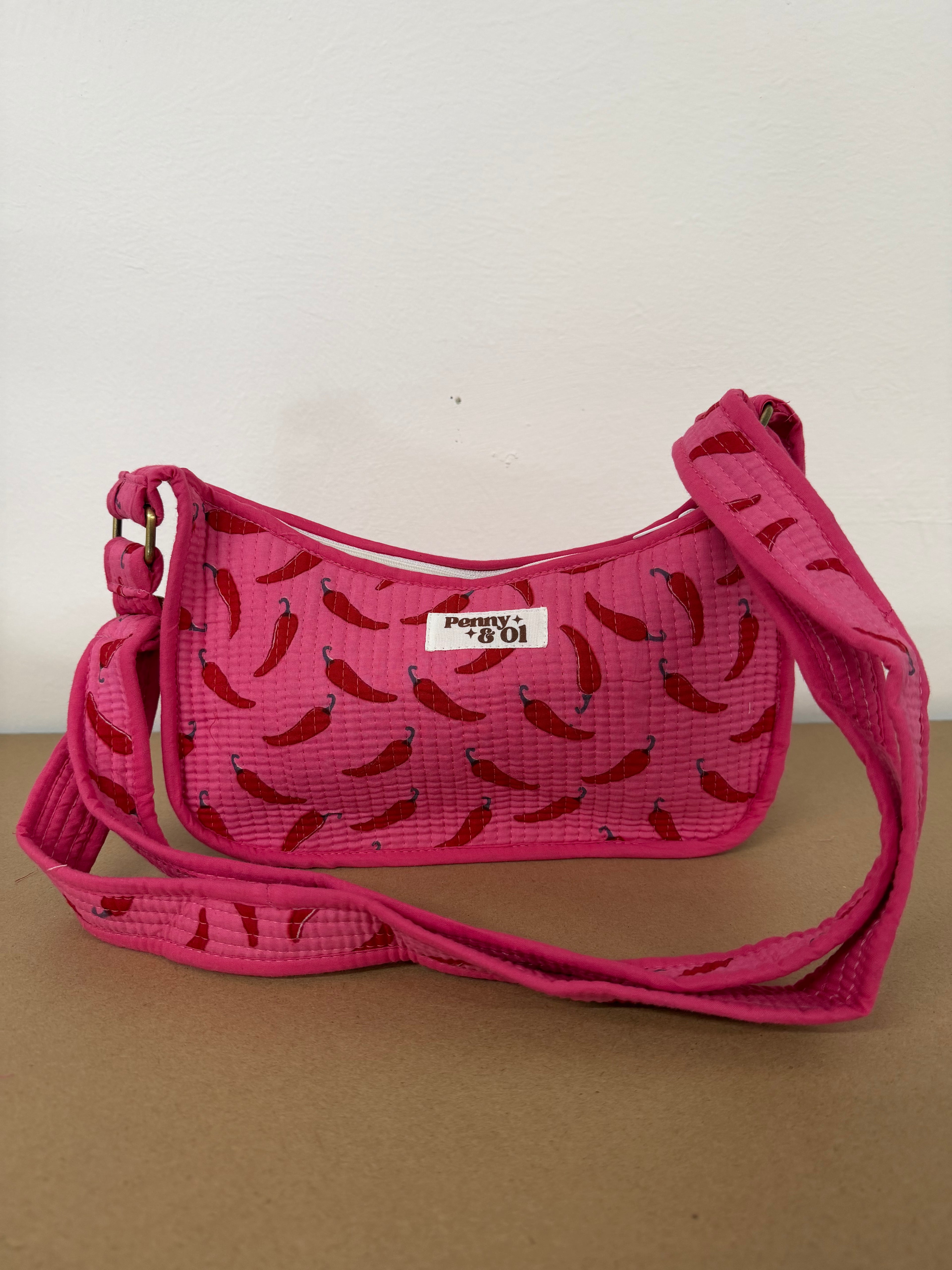 Pink Chilli Mini Shoulder Bag, Handmade Cotton Tote Bags