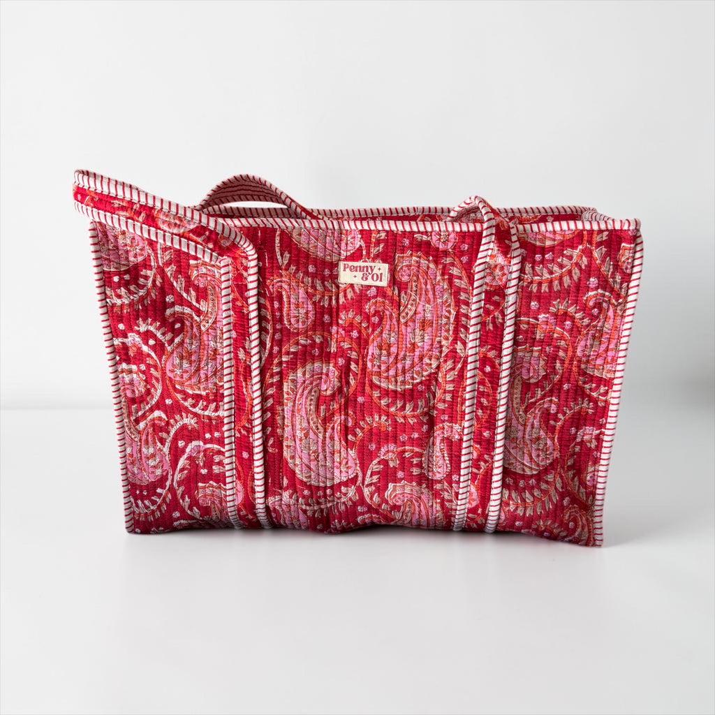 Red Paisley Large Cotton Tote Bag, handmade tote bags