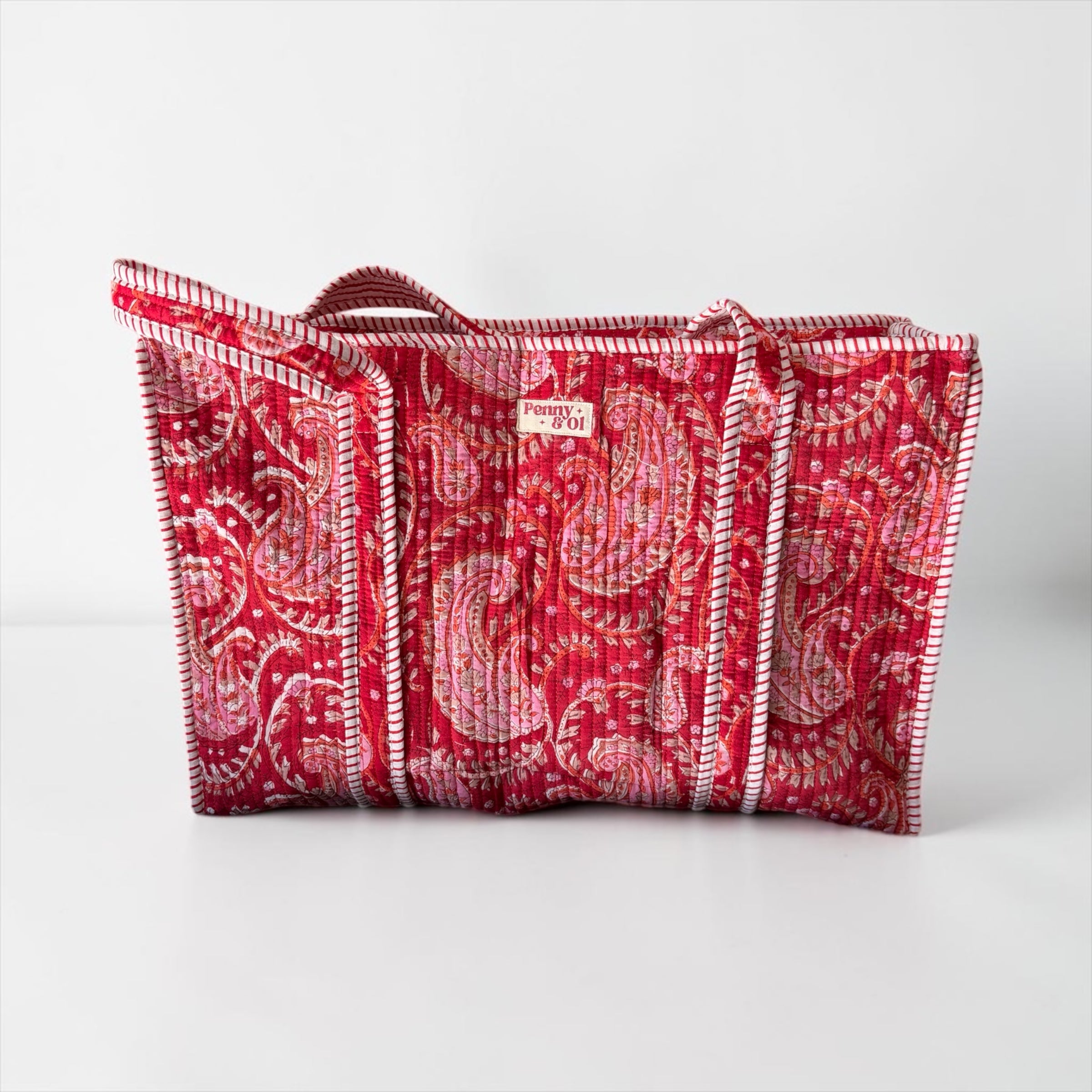 Red Paisley Large Cotton Tote Bag, handmade tote bags