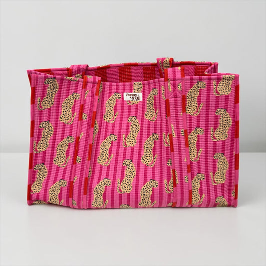 Pink stripe leopard REVERSIBLE Large Cotton Tote Bag, handmade tote bags