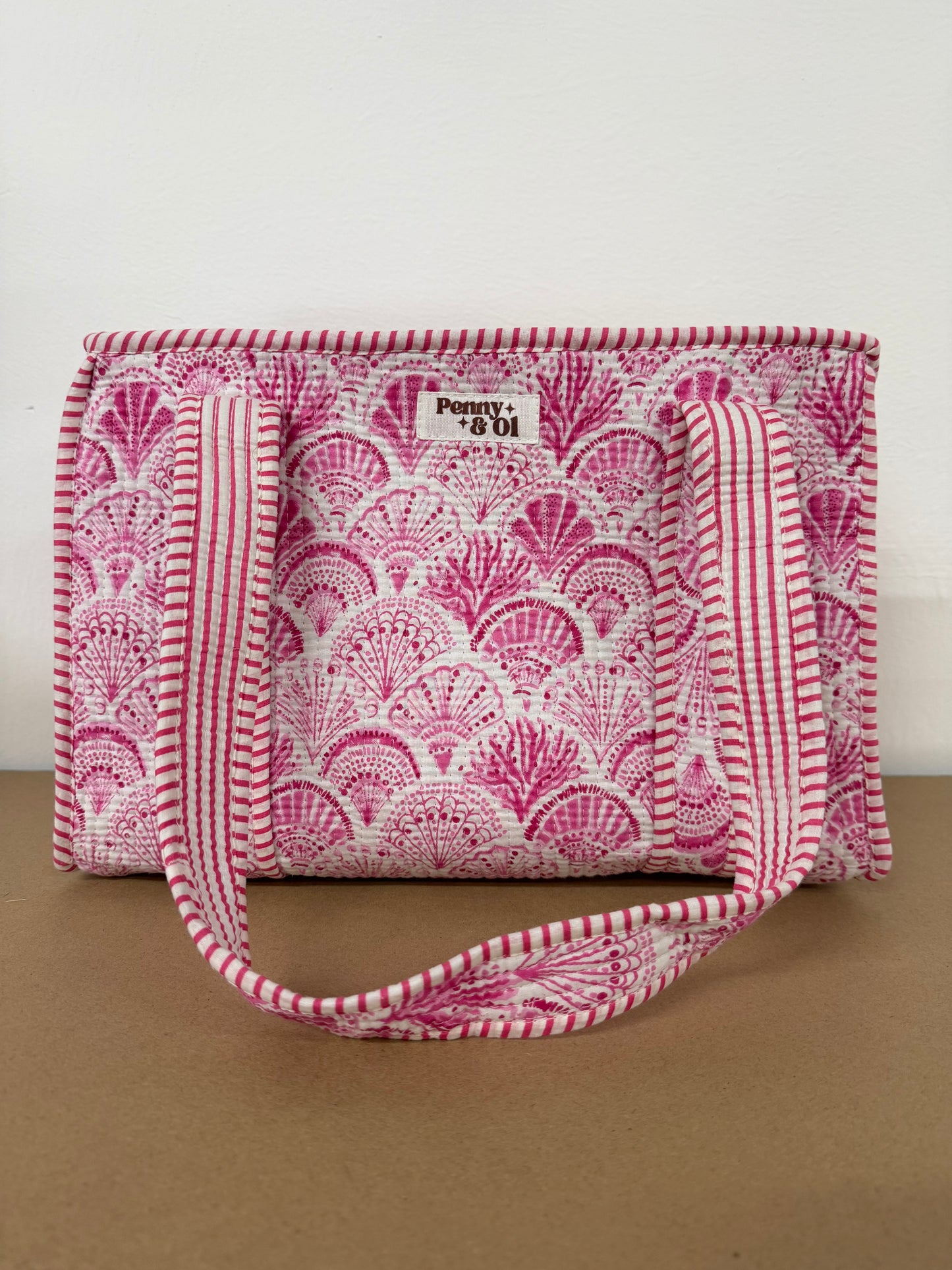 Pink Seashells Medium Cotton, handmade tote bag