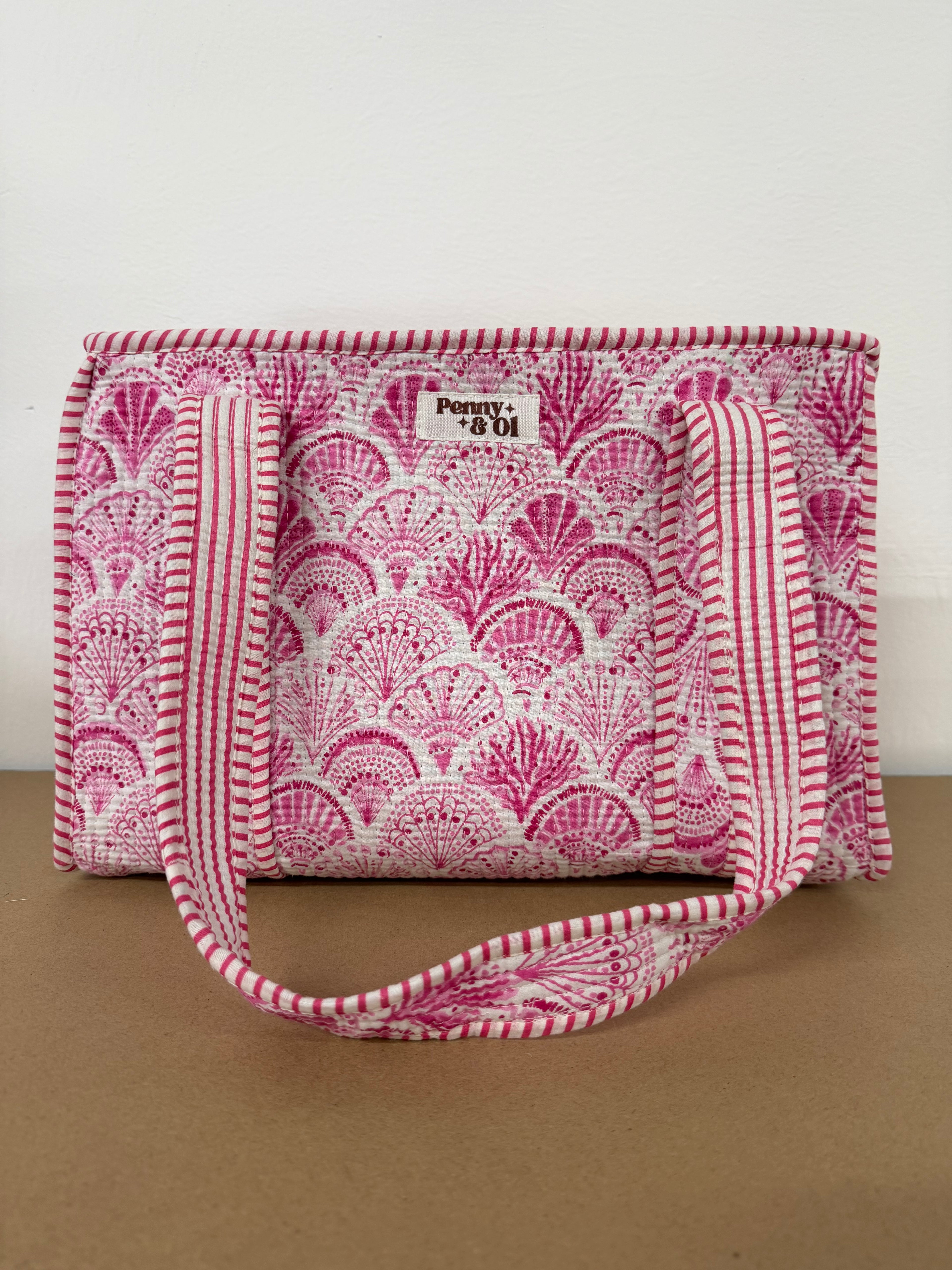 Pink Seashells Medium Cotton, handmade tote bag