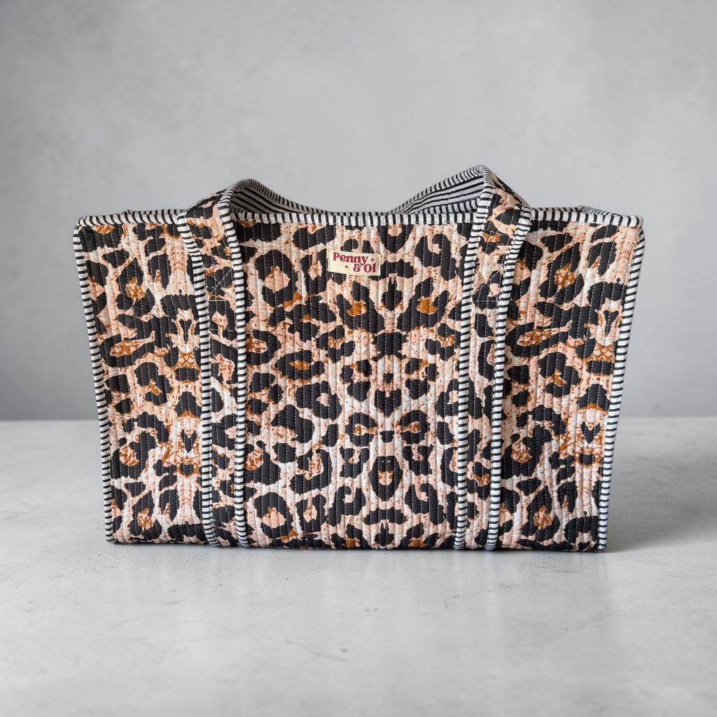 Leopard print large tote bag, cotton handmade tote