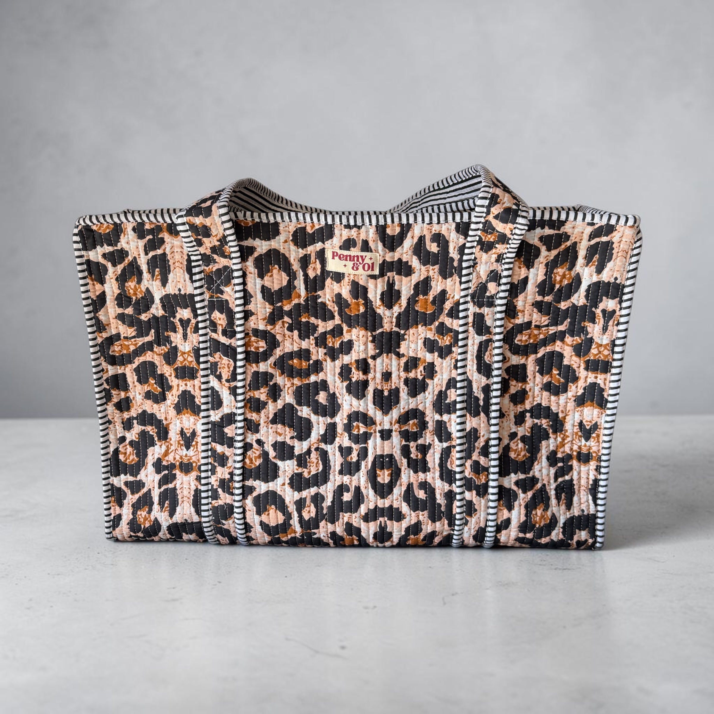 Leopard print large tote bag, cotton handmade tote