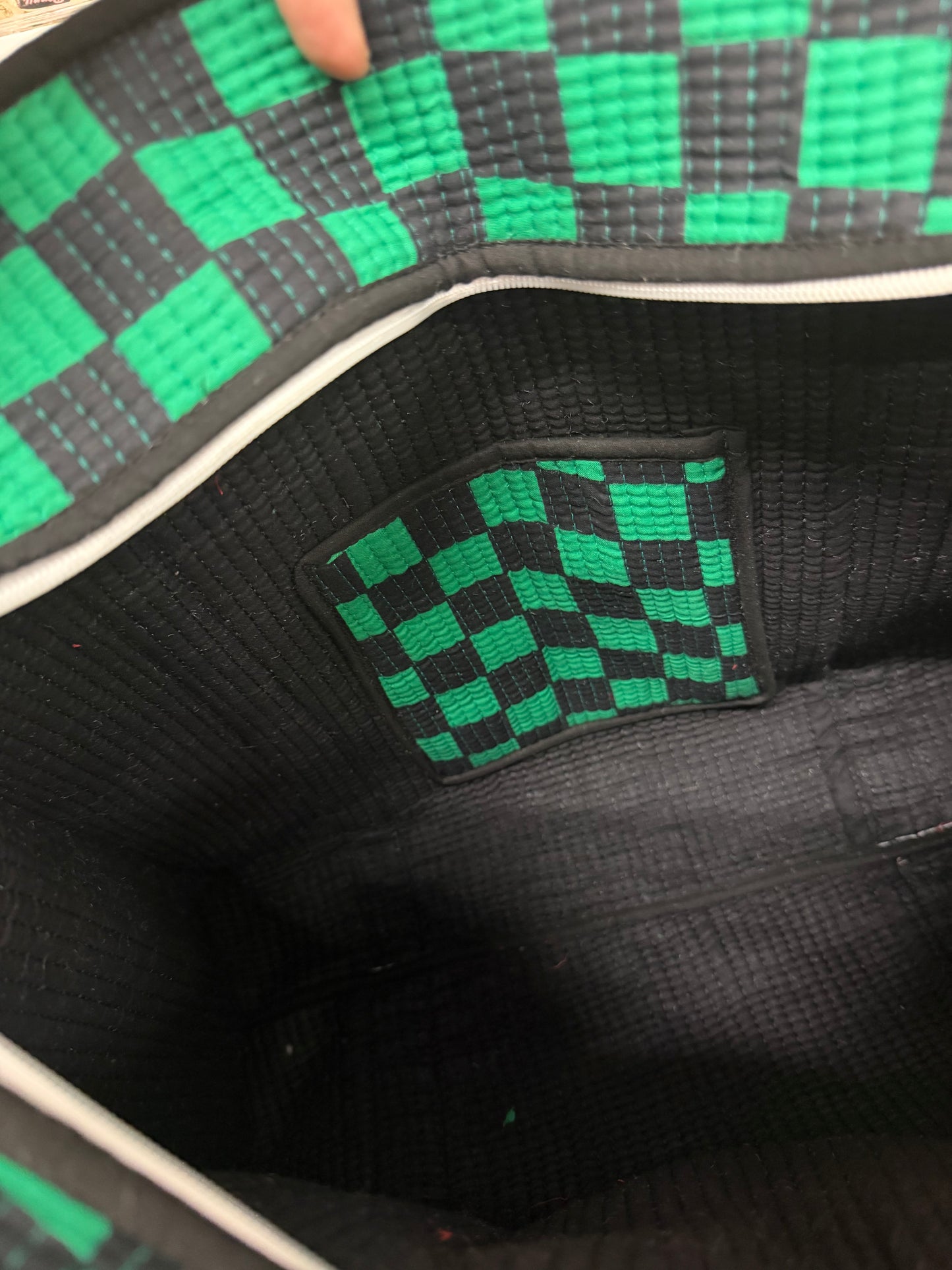 Green & Black Checkerboard Travel Tote, Handmade Cotton Tote Bag