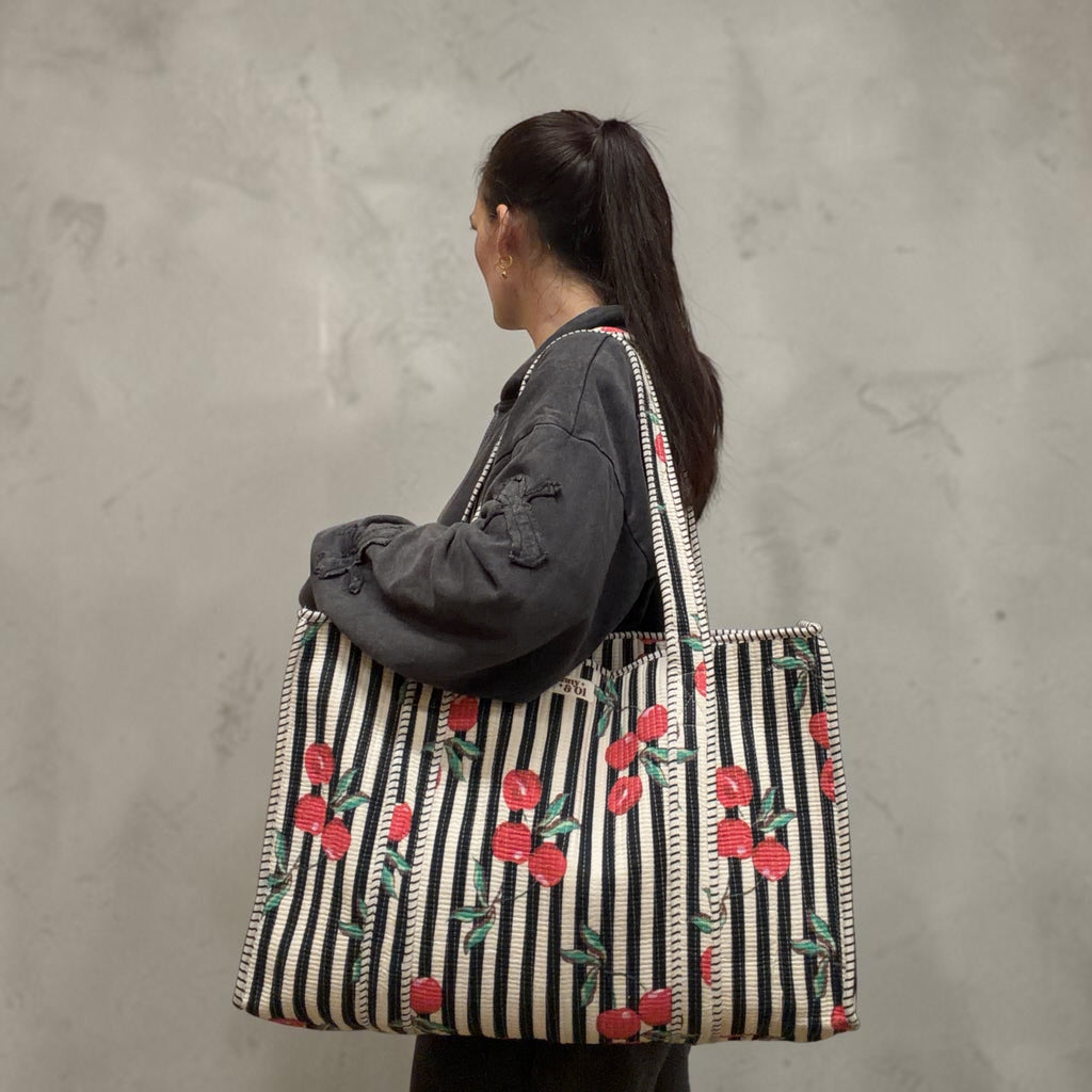 Black stripe cherry LARGE Cotton Tote Bag