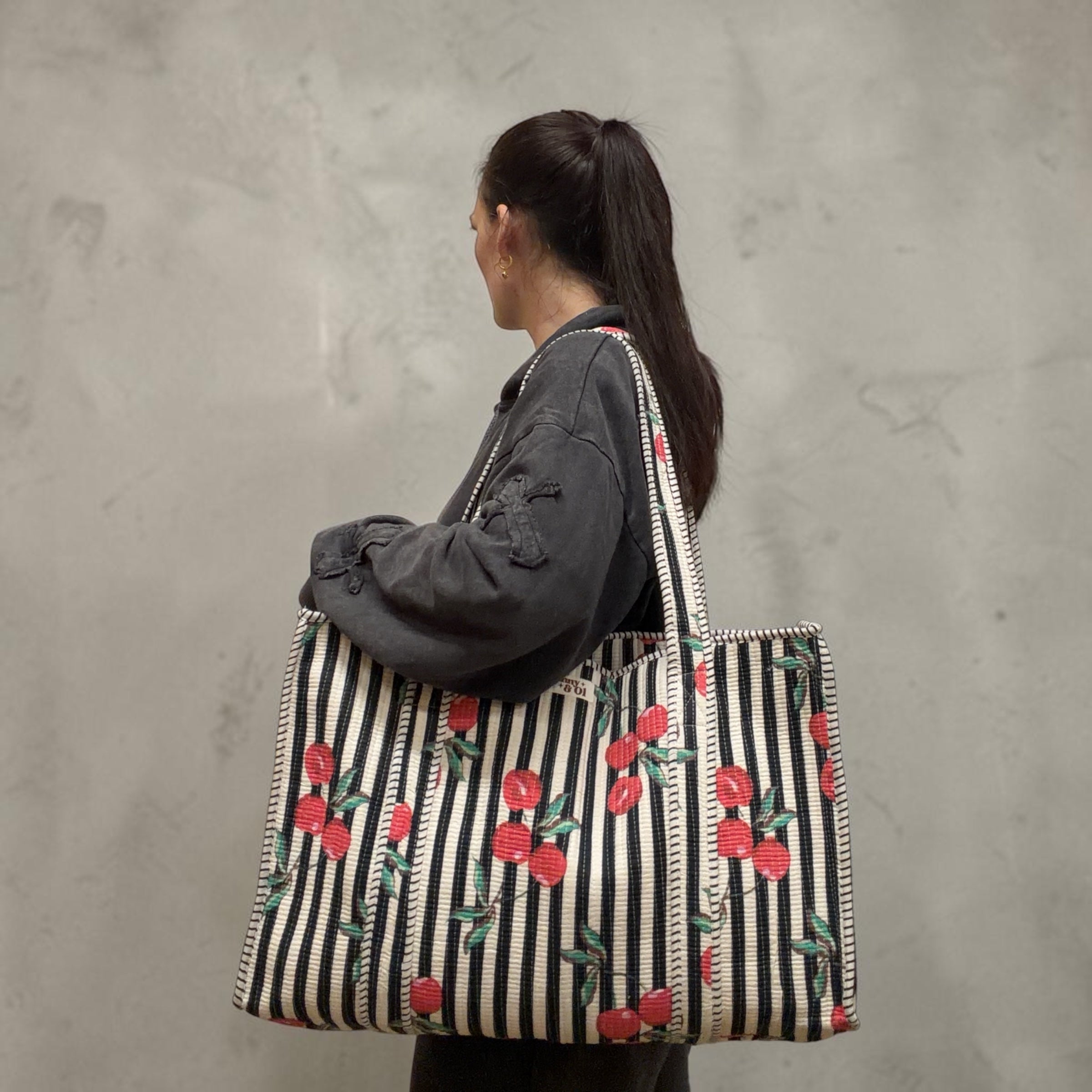 Black stripe cherry LARGE Cotton Tote Bag