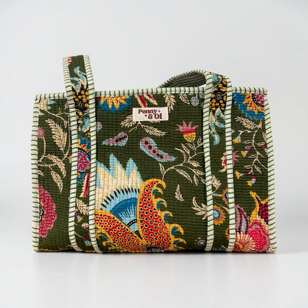 Khaki Floral Medium Cotton, handmade tote bag