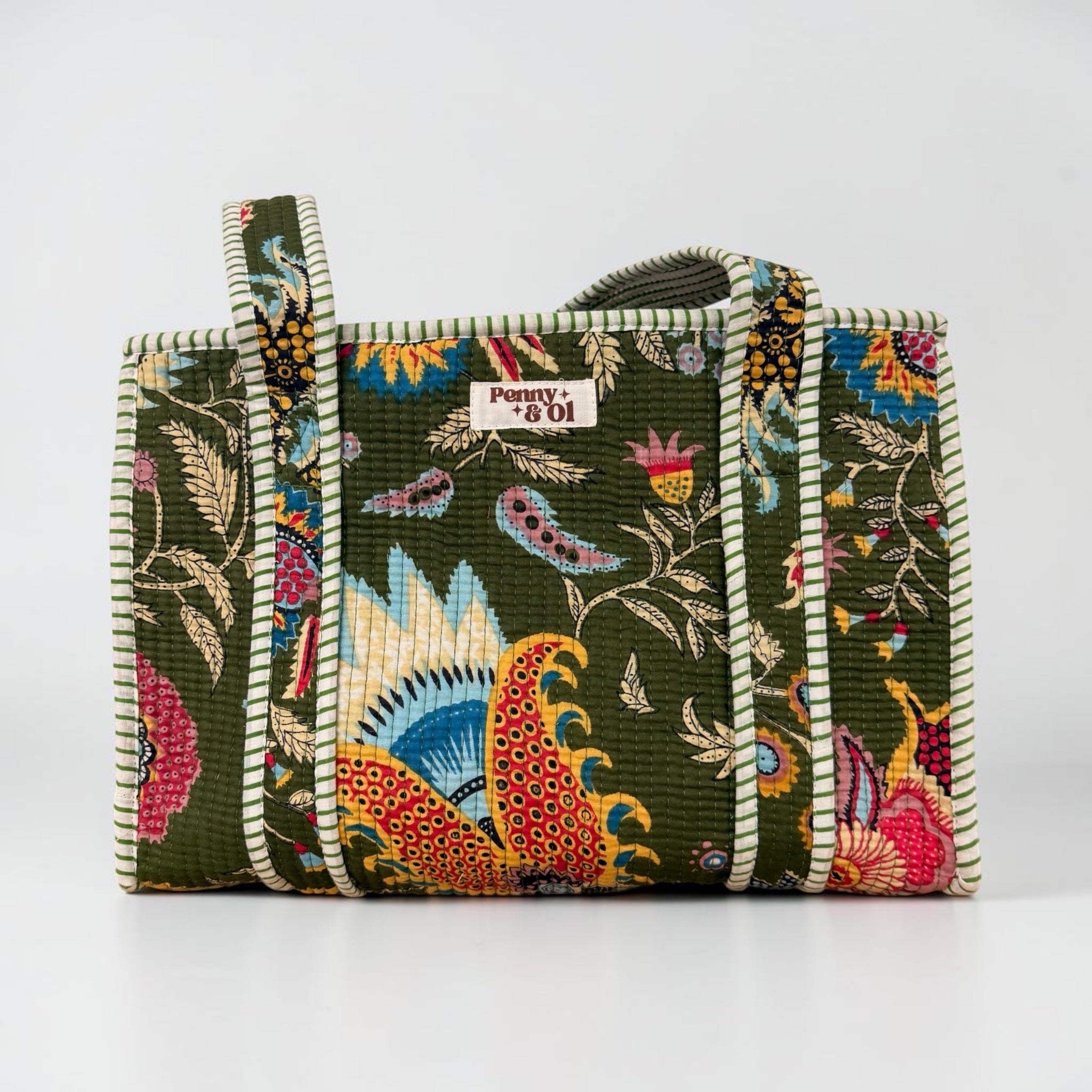 Khaki Floral Medium Cotton, handmade tote bag