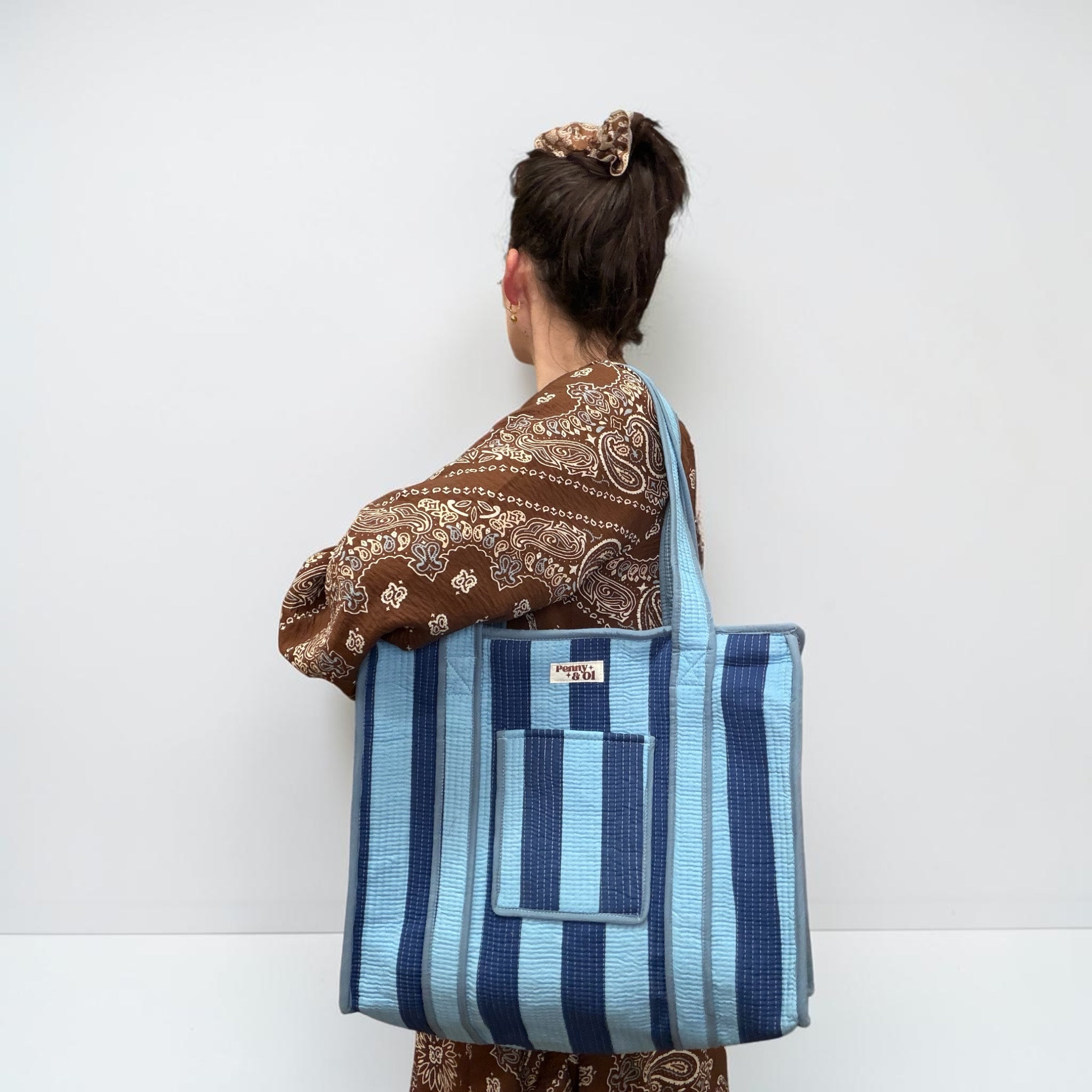 Denim Blue Stripes Travel Tote, Handmade Cotton Tote Bag