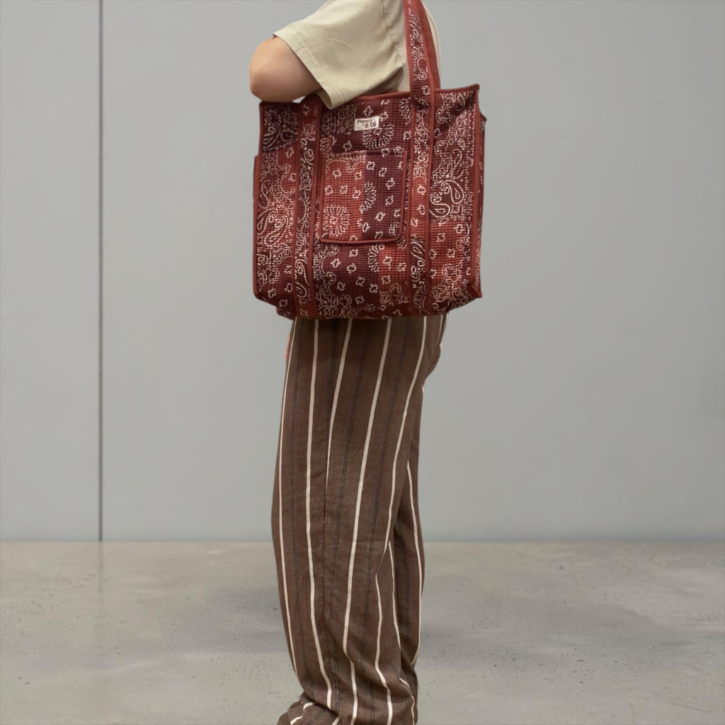 Burgundy Paisley Bandana Travel Tote, Handmade Cotton Tote Bag