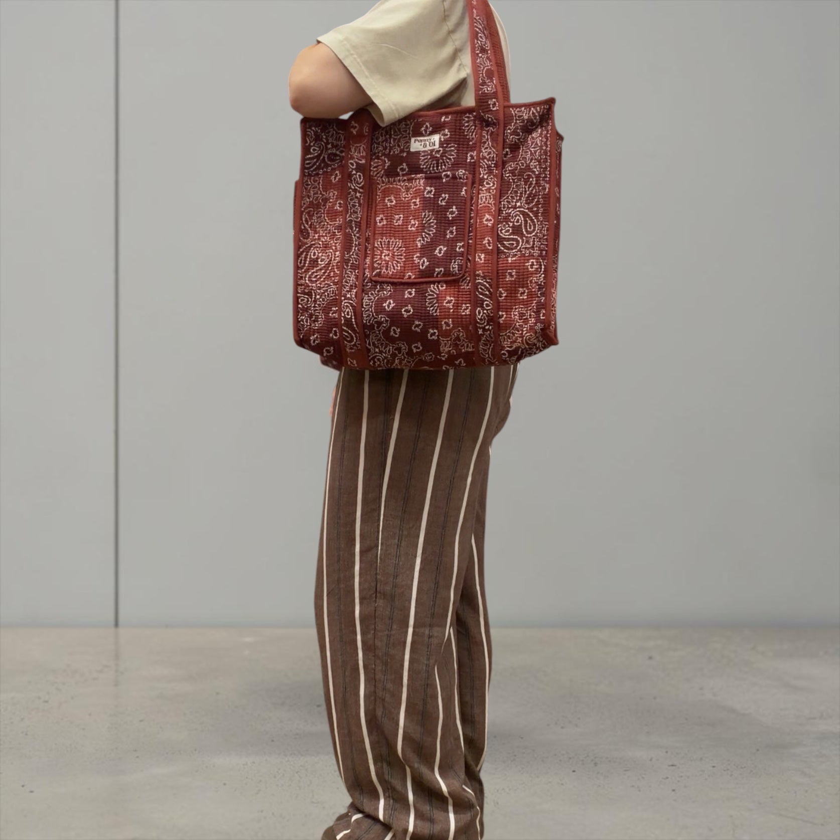 Burgundy Paisley Bandana Travel Tote, Handmade Cotton Tote Bag