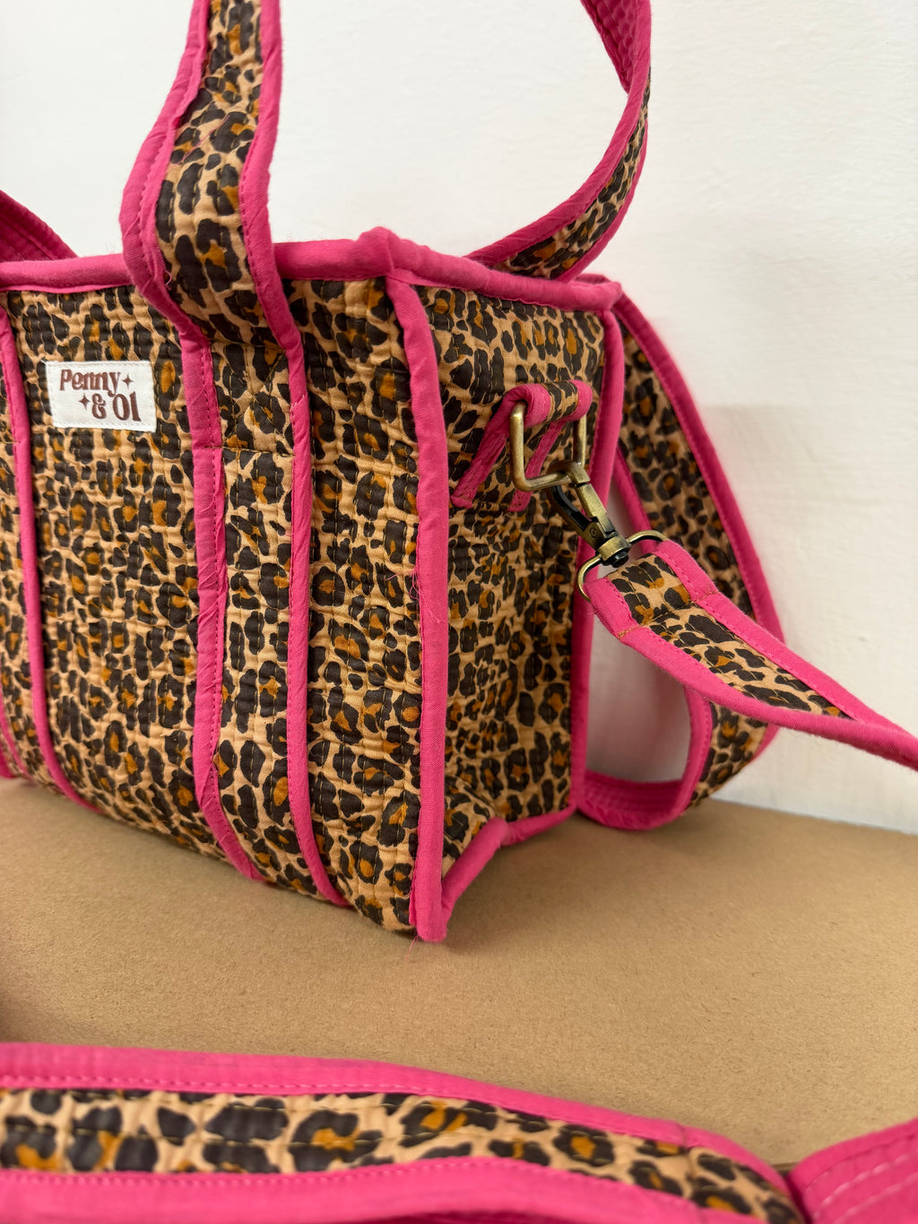 Pink Leopard Mini Tote, Handmade Cotton Tote Bag