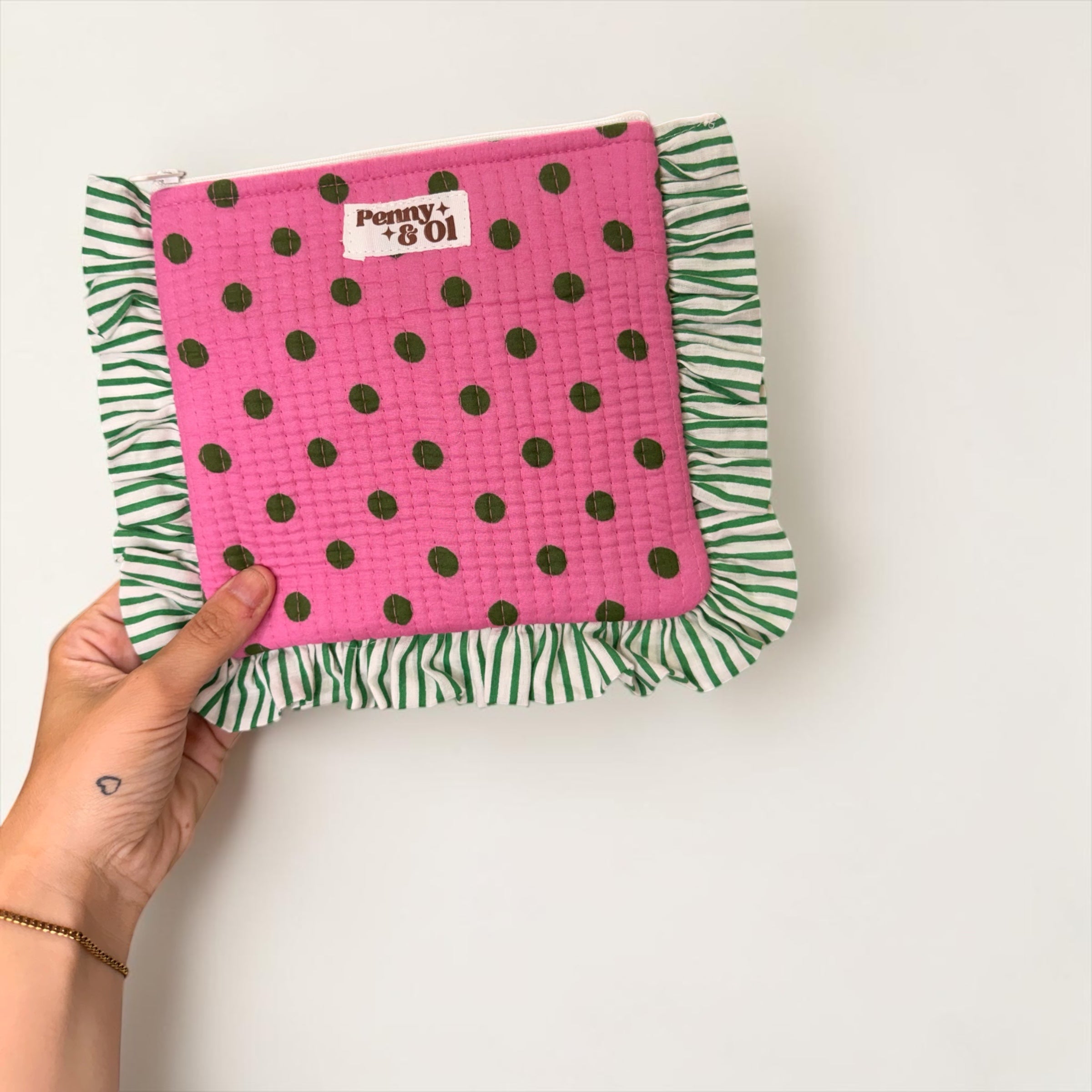 Pink With Green Polka Dot Ruffle Pouch