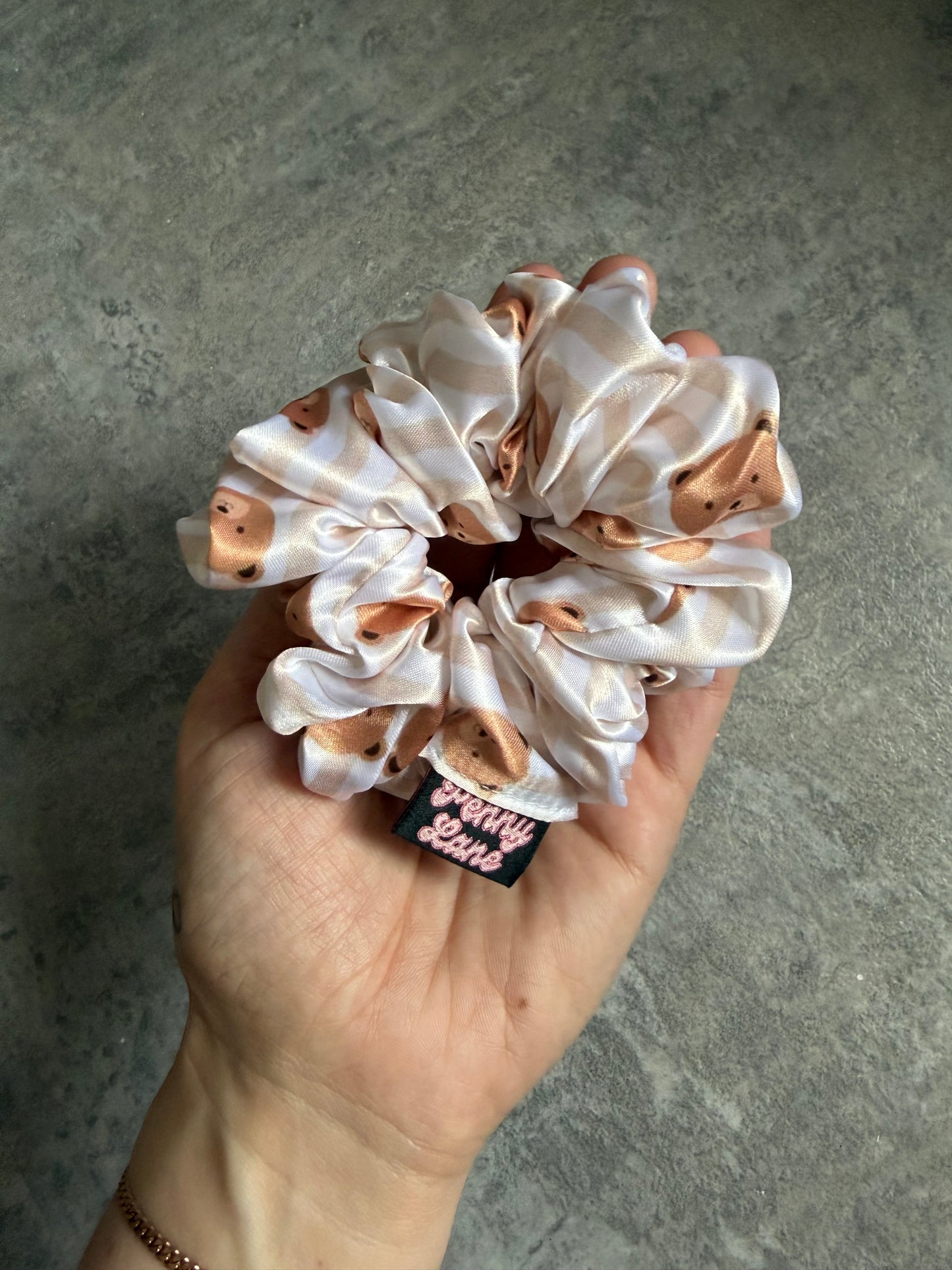 Beige Stripe Teddy MIDI Satin Hair Scrunchie