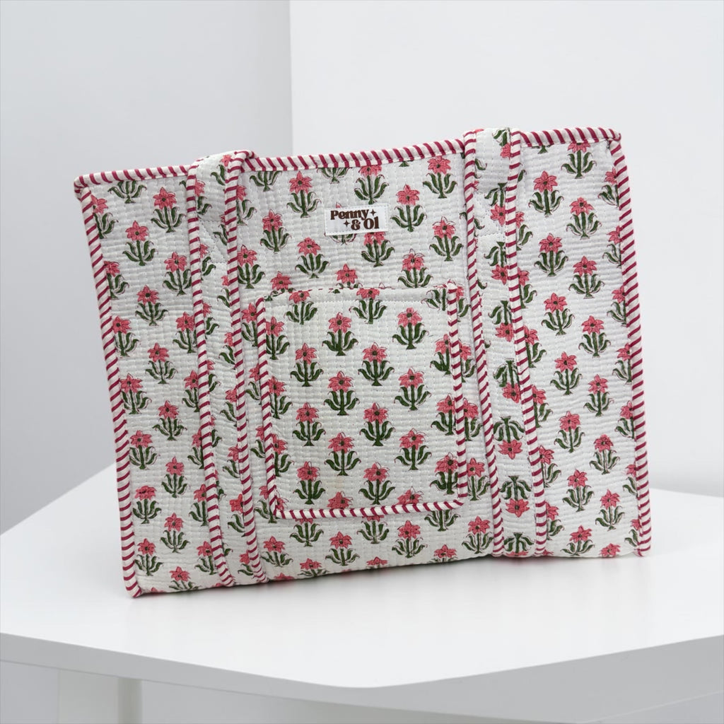 Baby Pink Floral Travel Tote, Handmade Cotton Tote Bag