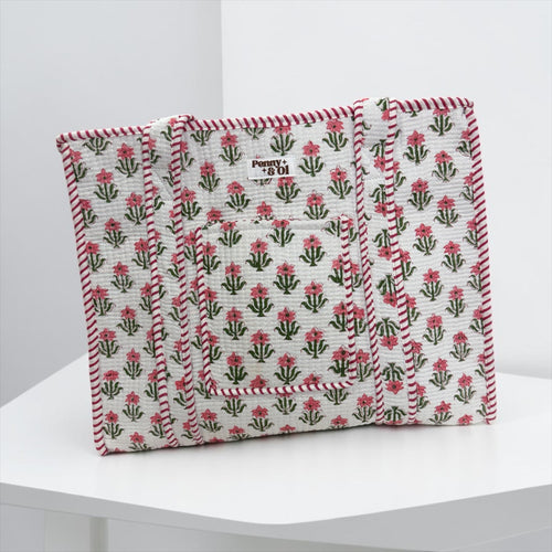 Baby Pink Floral Travel Tote, Handmade Cotton Tote Bag