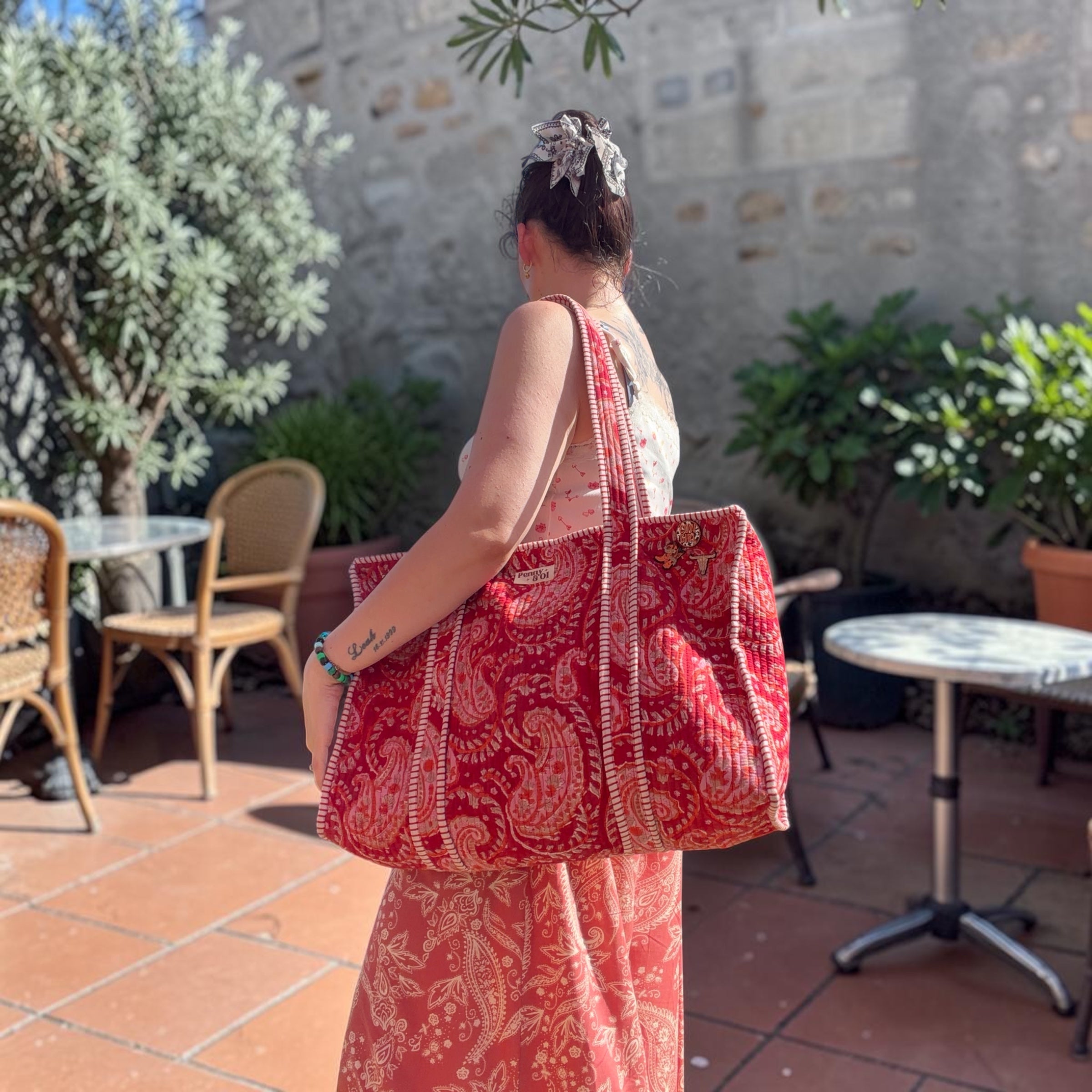 Red Paisley Large Cotton Tote Bag, handmade tote bags