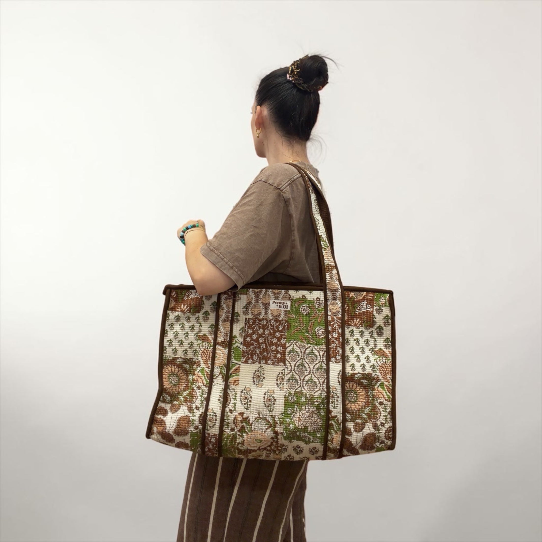 Brown Patchwork Large Cotton Tote Bag, handmade tote bags