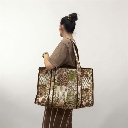 Brown Patchwork Large Cotton Tote Bag, handmade tote bags