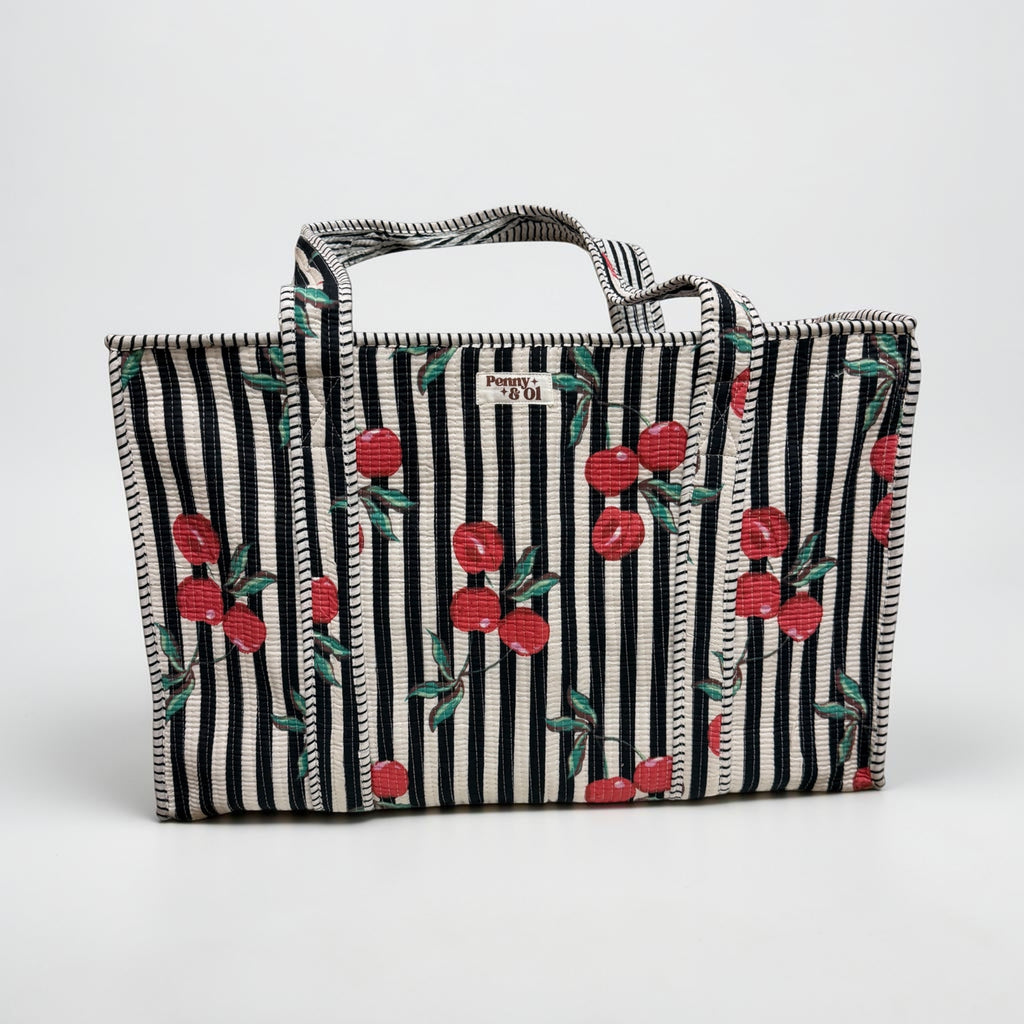 Black stripe cherry LARGE Cotton Tote Bag