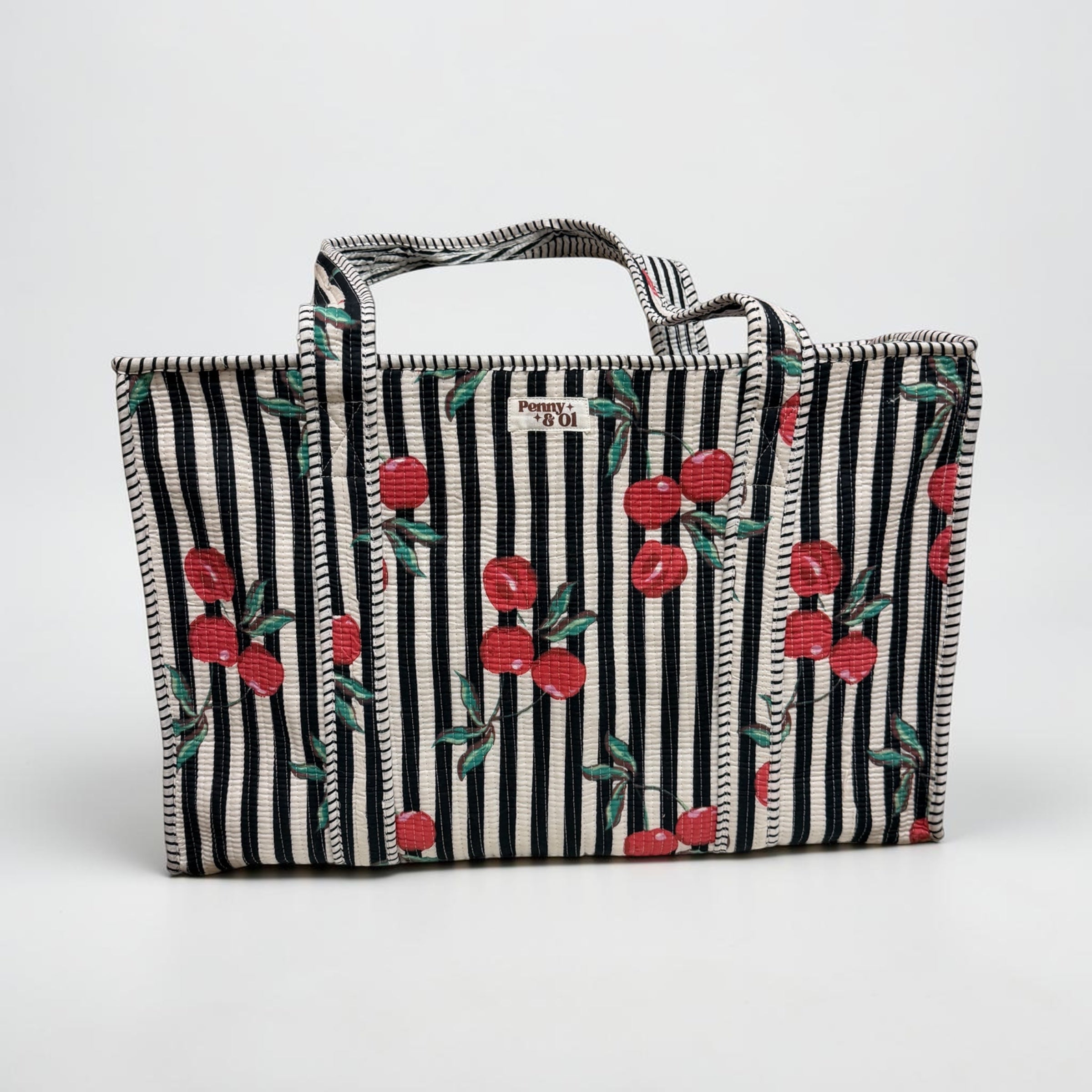 Black stripe cherry LARGE Cotton Tote Bag