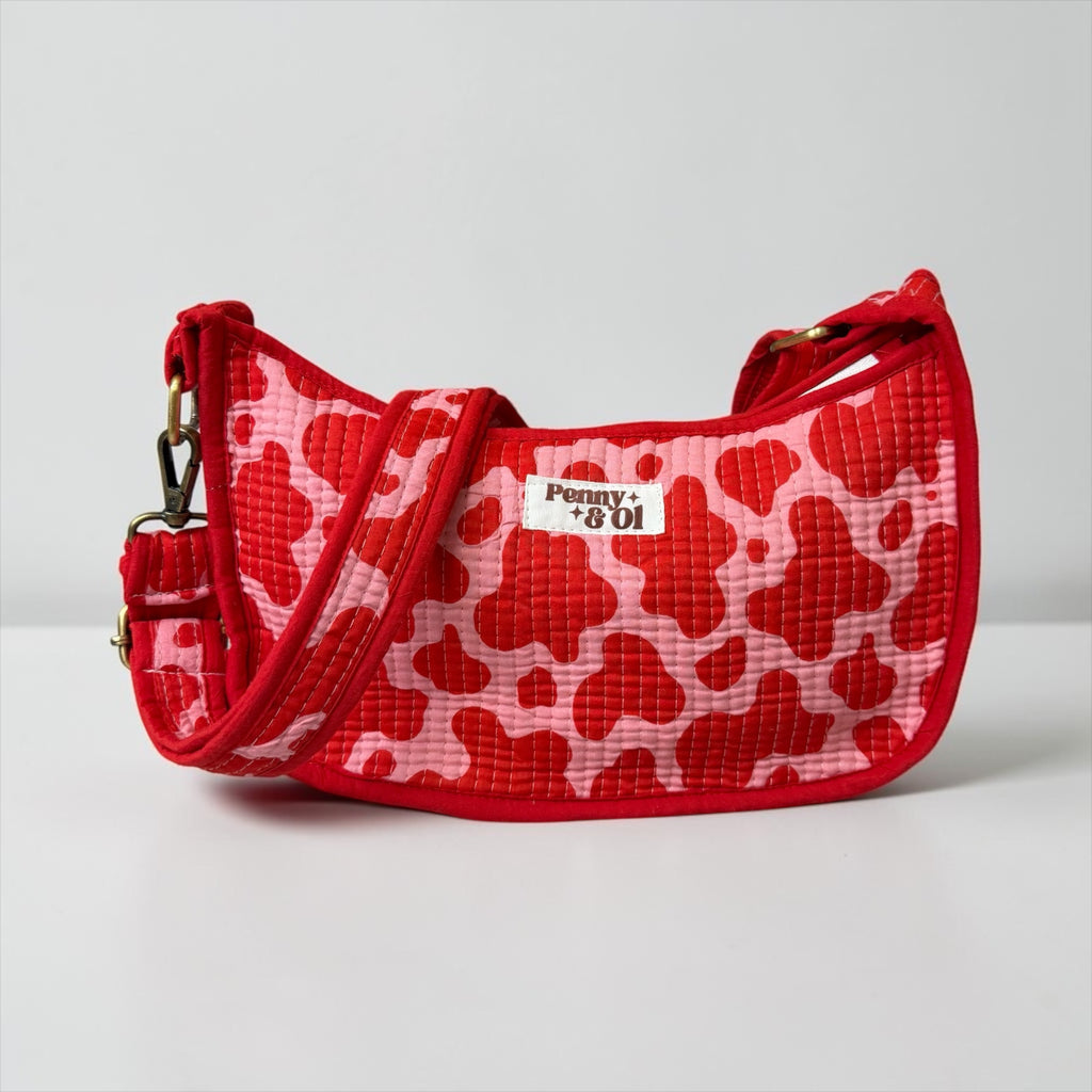Pink & Red Cow Print Mini Shoulder Bag, Handmade Cotton Tote Bags