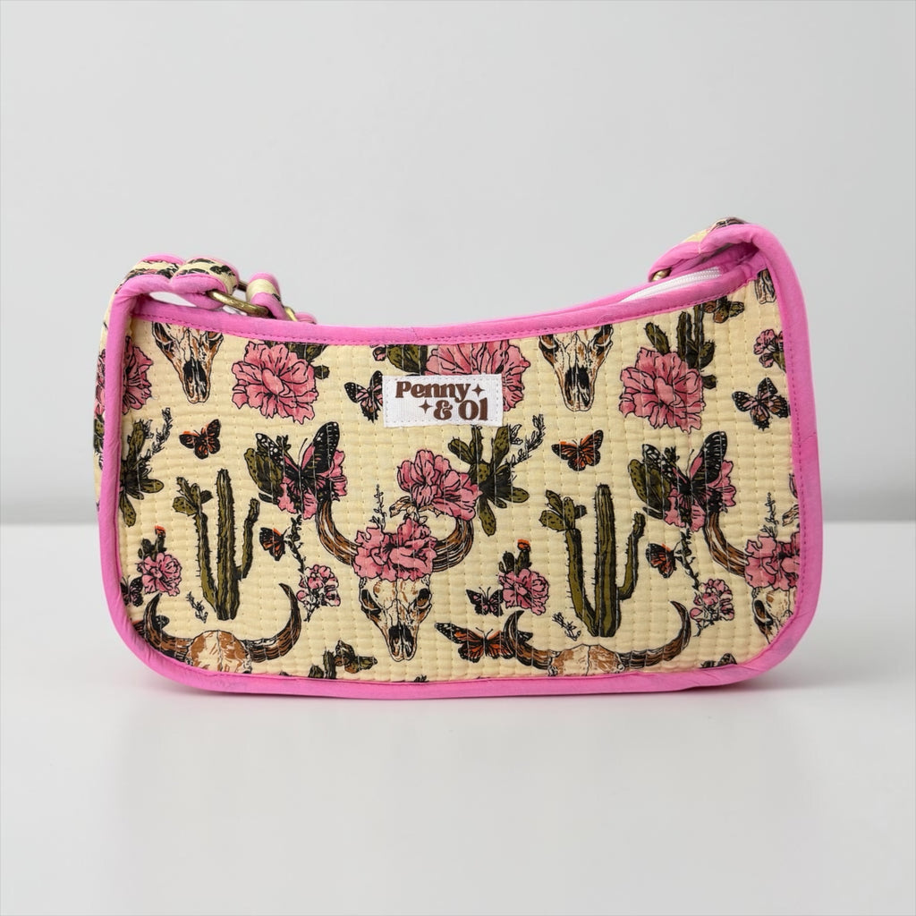 Pink Vintage Western Mini Shoulder Bag, Handmade Cotton Tote Bags