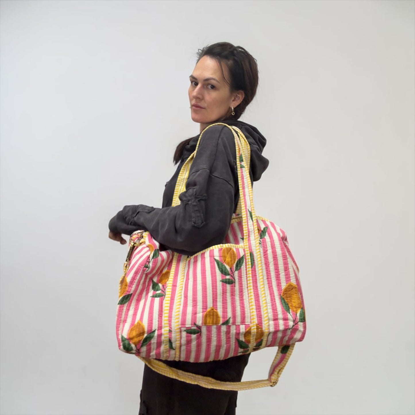 Pink Stripe Lemons MEDIUM DUFFLE Tote Bags - Penny & Ol