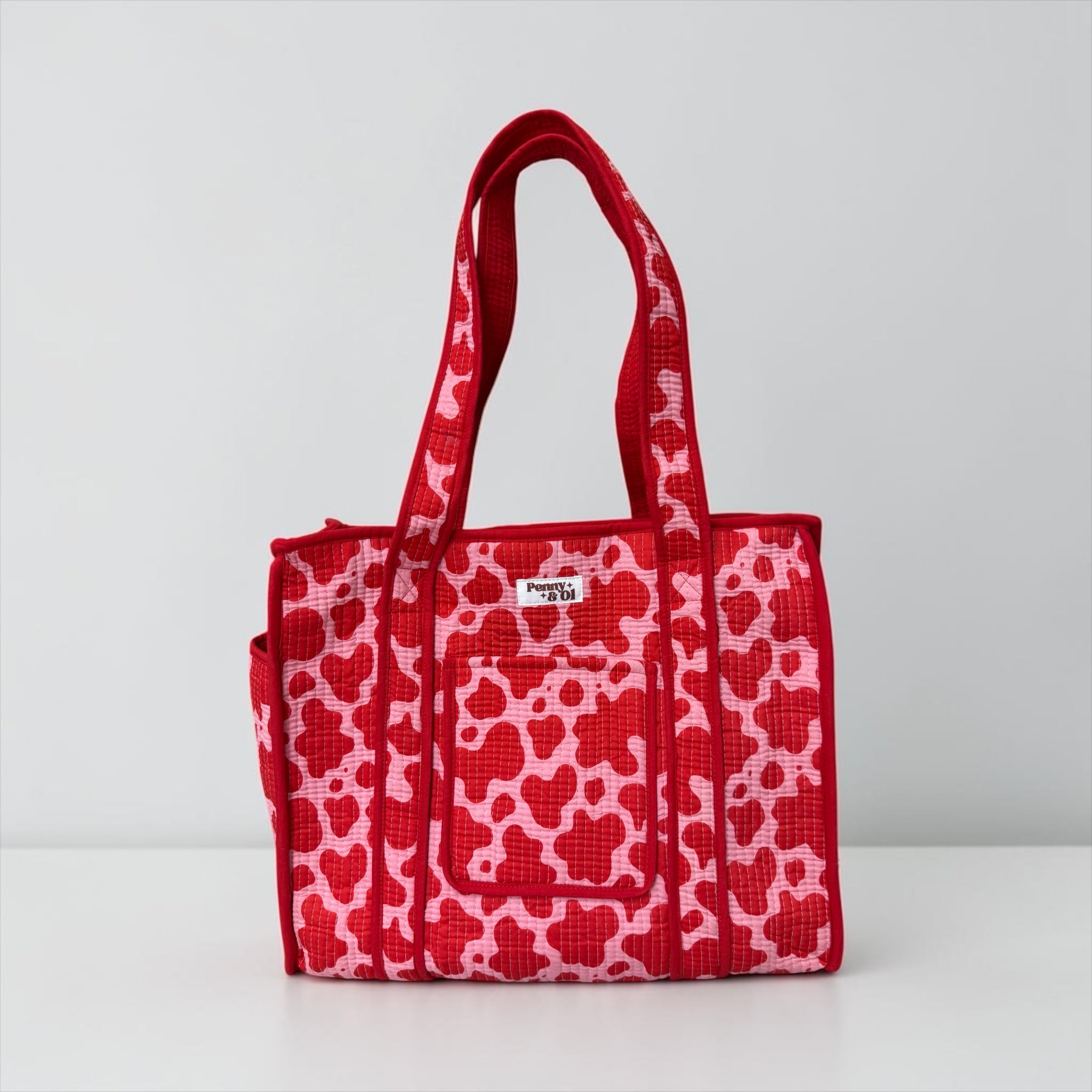 Pink & Red Cow Print
 Travel Tote, Handmade Cotton Tote Bag