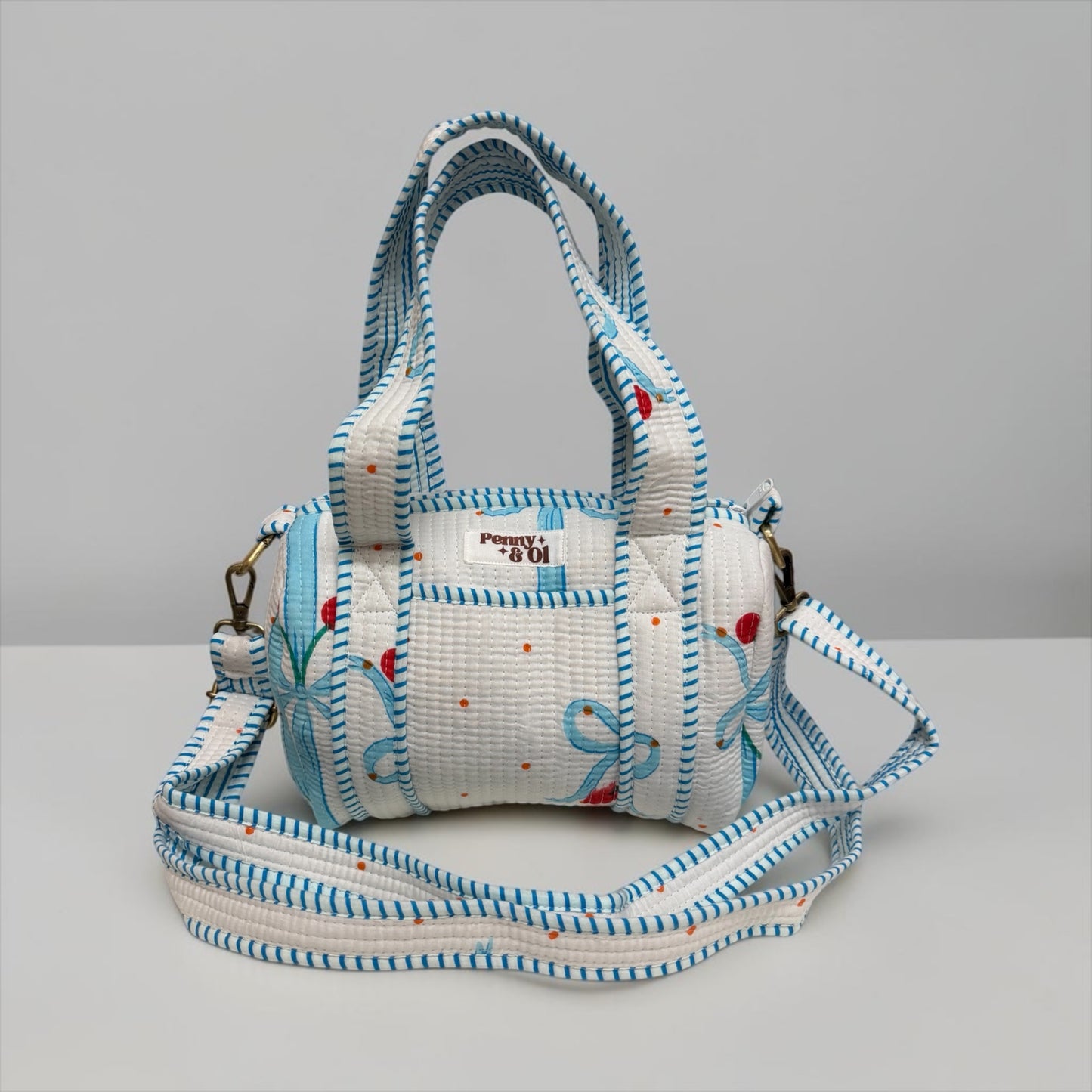 Blue Cherry Bows MINI DUFFLE Tote Bags - Penny & Ol
