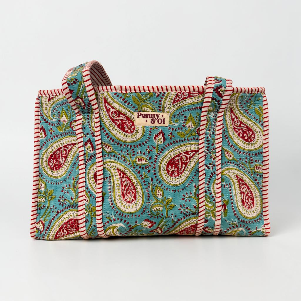 Turquoise Paisley Medium Cotton, handmade tote bag
