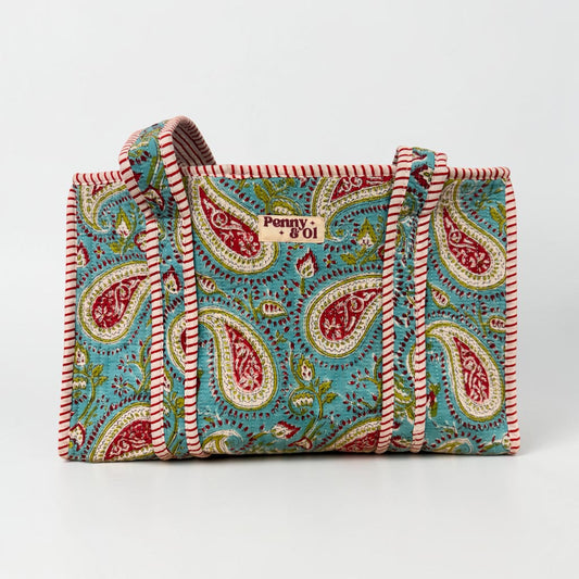 Turquoise Paisley Medium Cotton, handmade tote bag