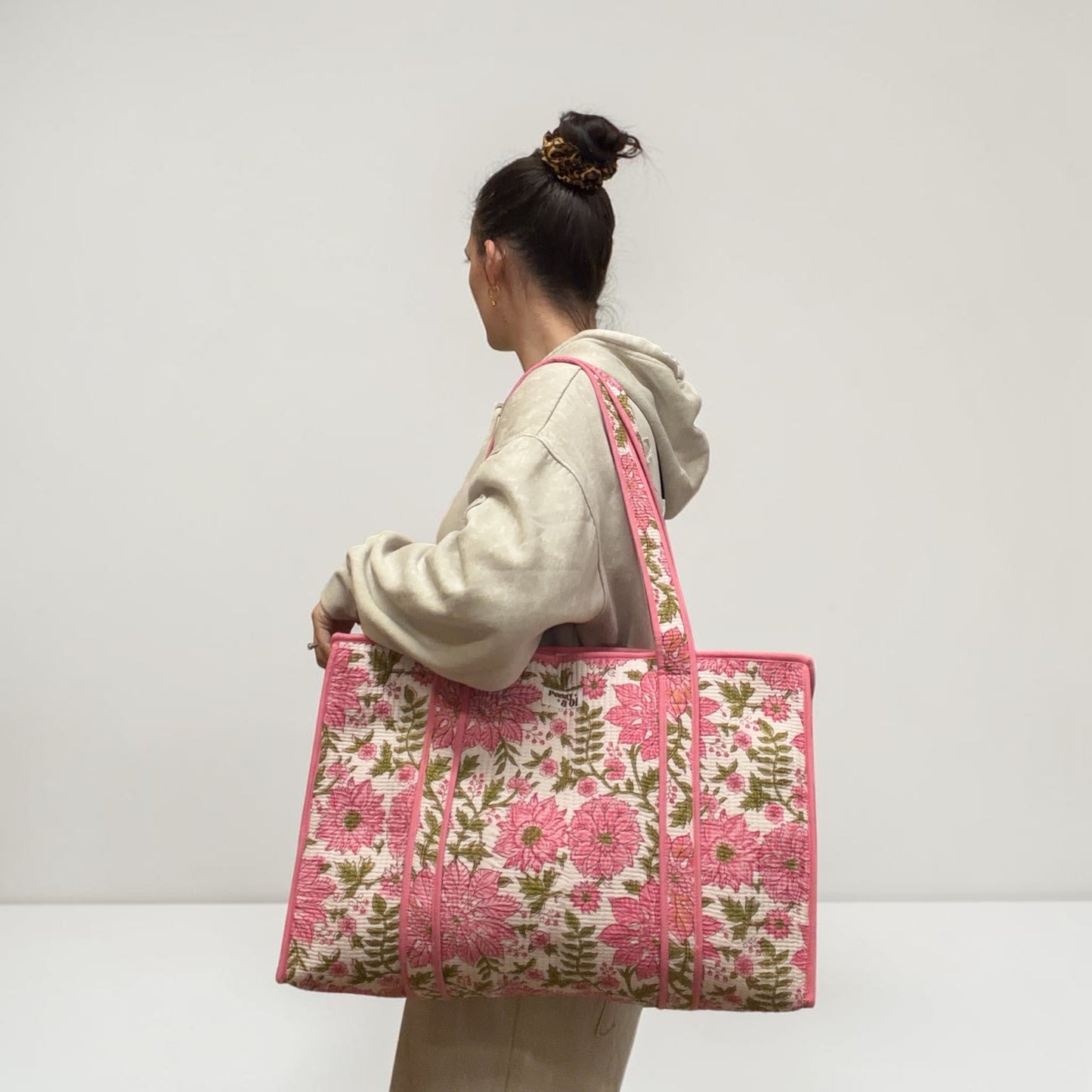 Baby pink and white floral LARGE Cotton Tote Bag