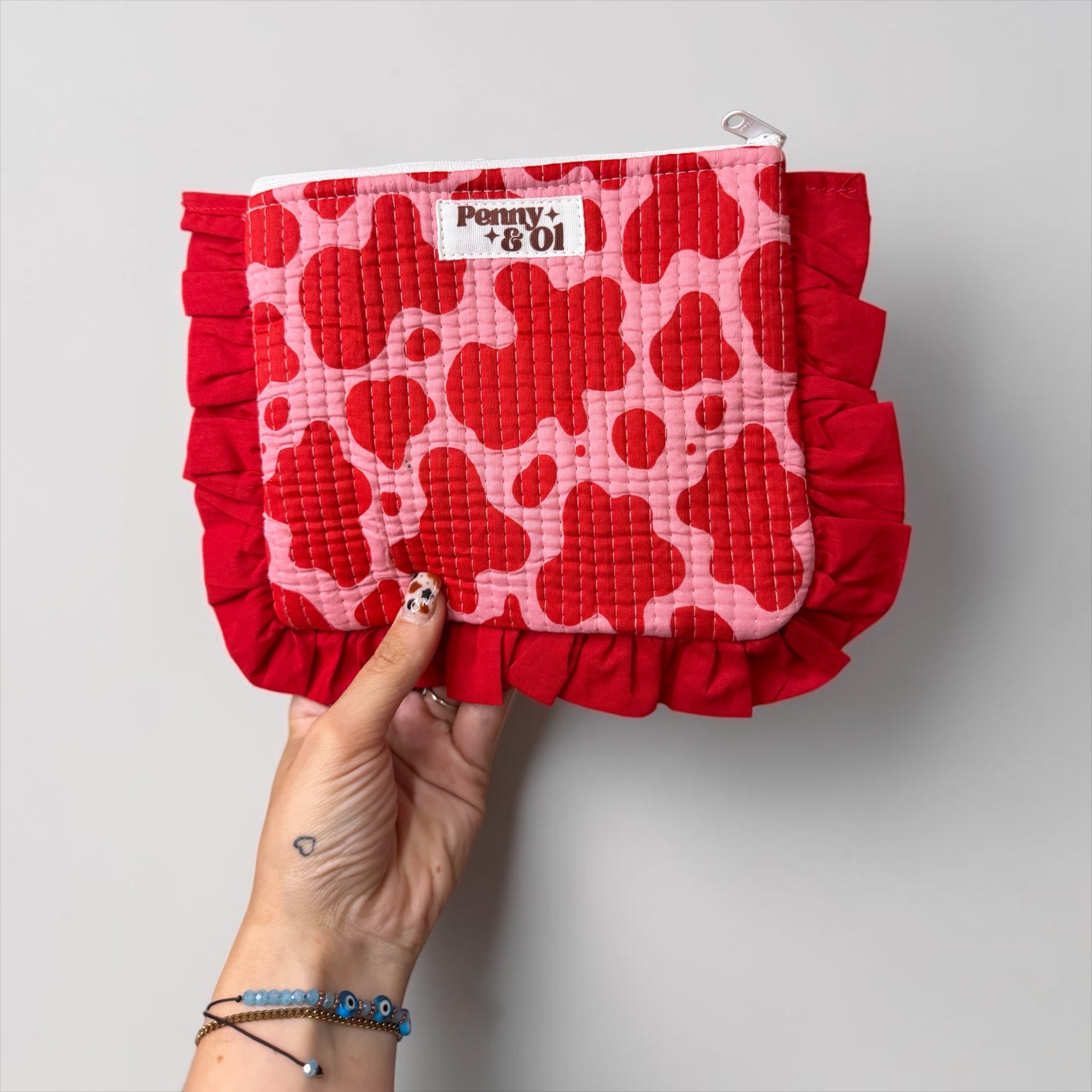 Pink & Red Cow Print Ruffle Pouch