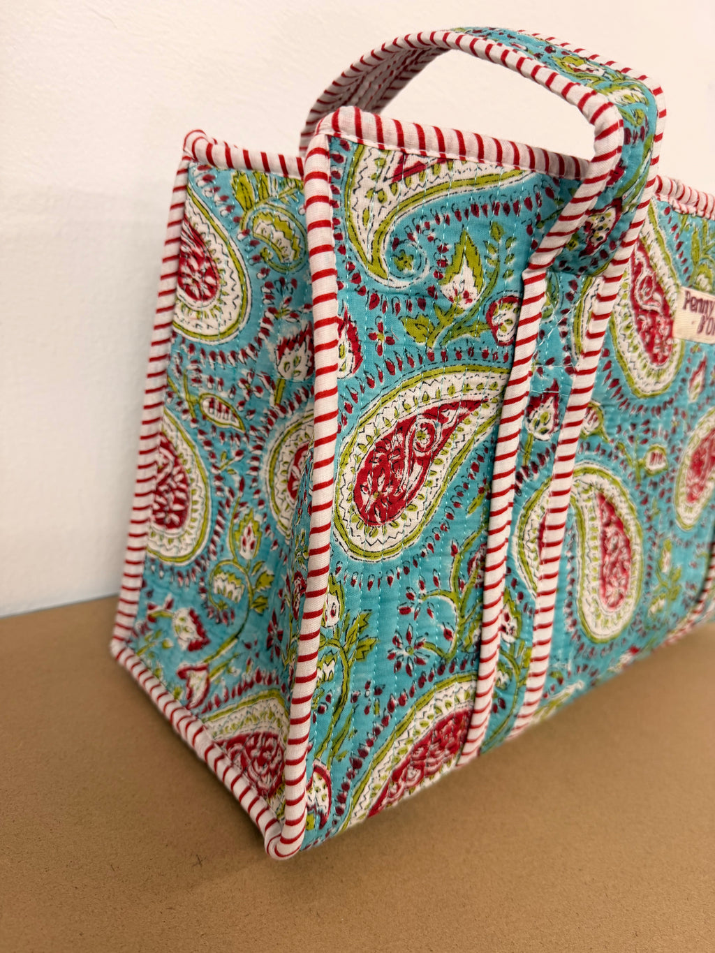 Turquoise Paisley Medium Cotton, handmade tote bag