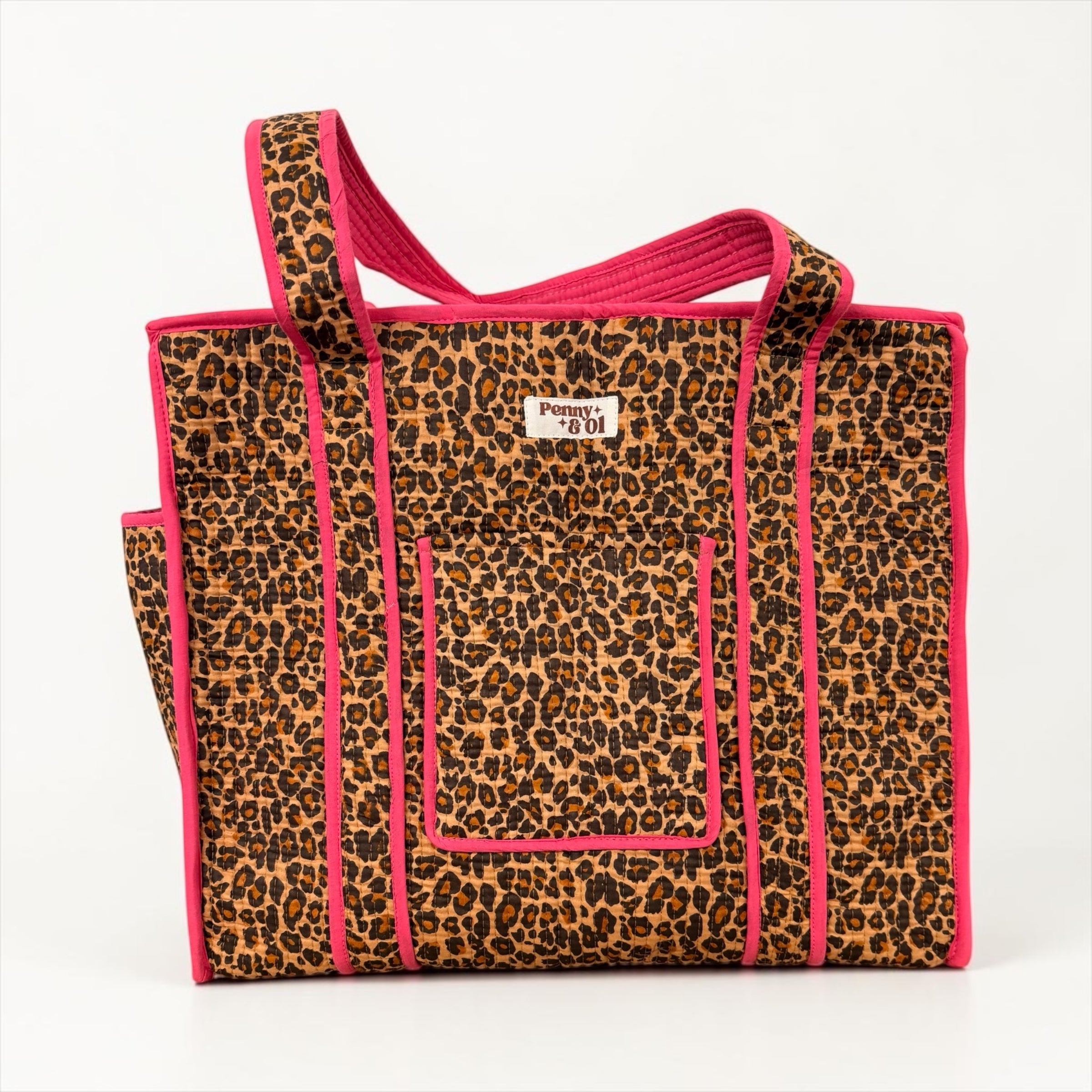 Pink Leopard Print Travel Tote, Handmade Cotton Tote Bag