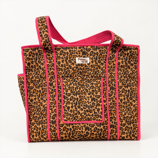 Pink Leopard Print Travel Tote, Handmade Cotton Tote Bag