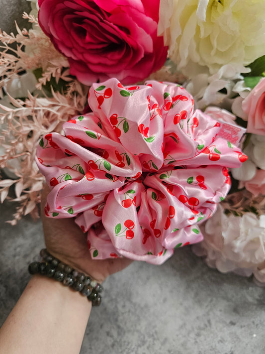 Cherry Obsessed XL Satin Hair Scrunchie, Elsabelle Collab.