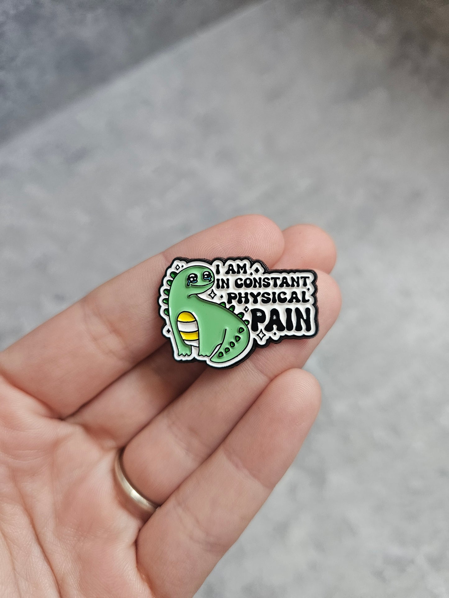 I am in constant physical pain, green dino Pin Badge