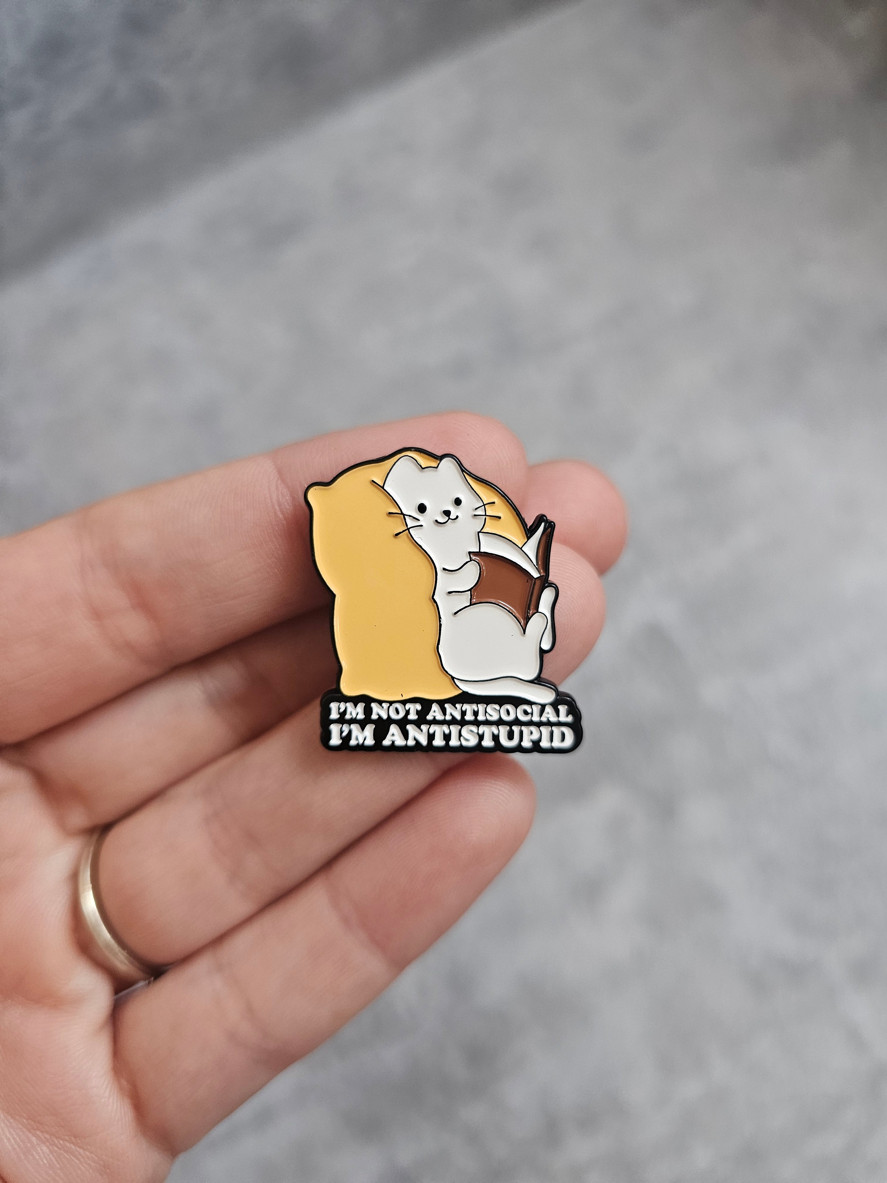 Im not antisocial im antistupid Pin Badge cat reading