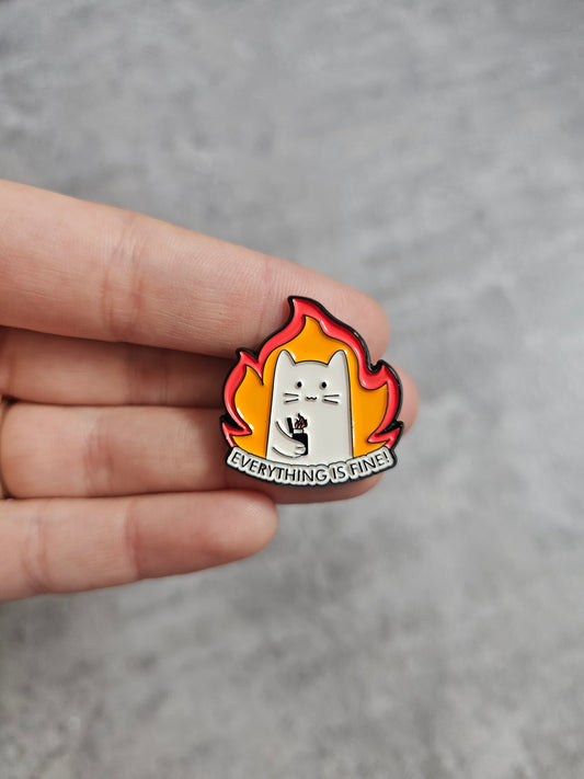 Everything is fine, white cat fire Pin Badge