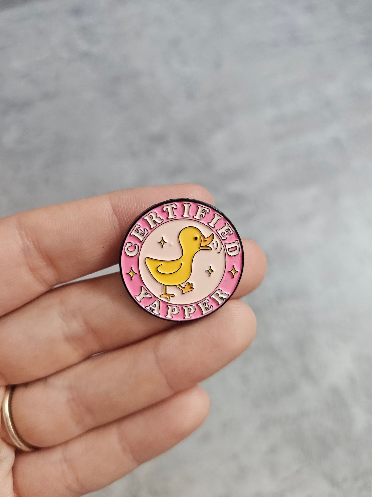 Certified rapper duck, pink circle Pin Badge