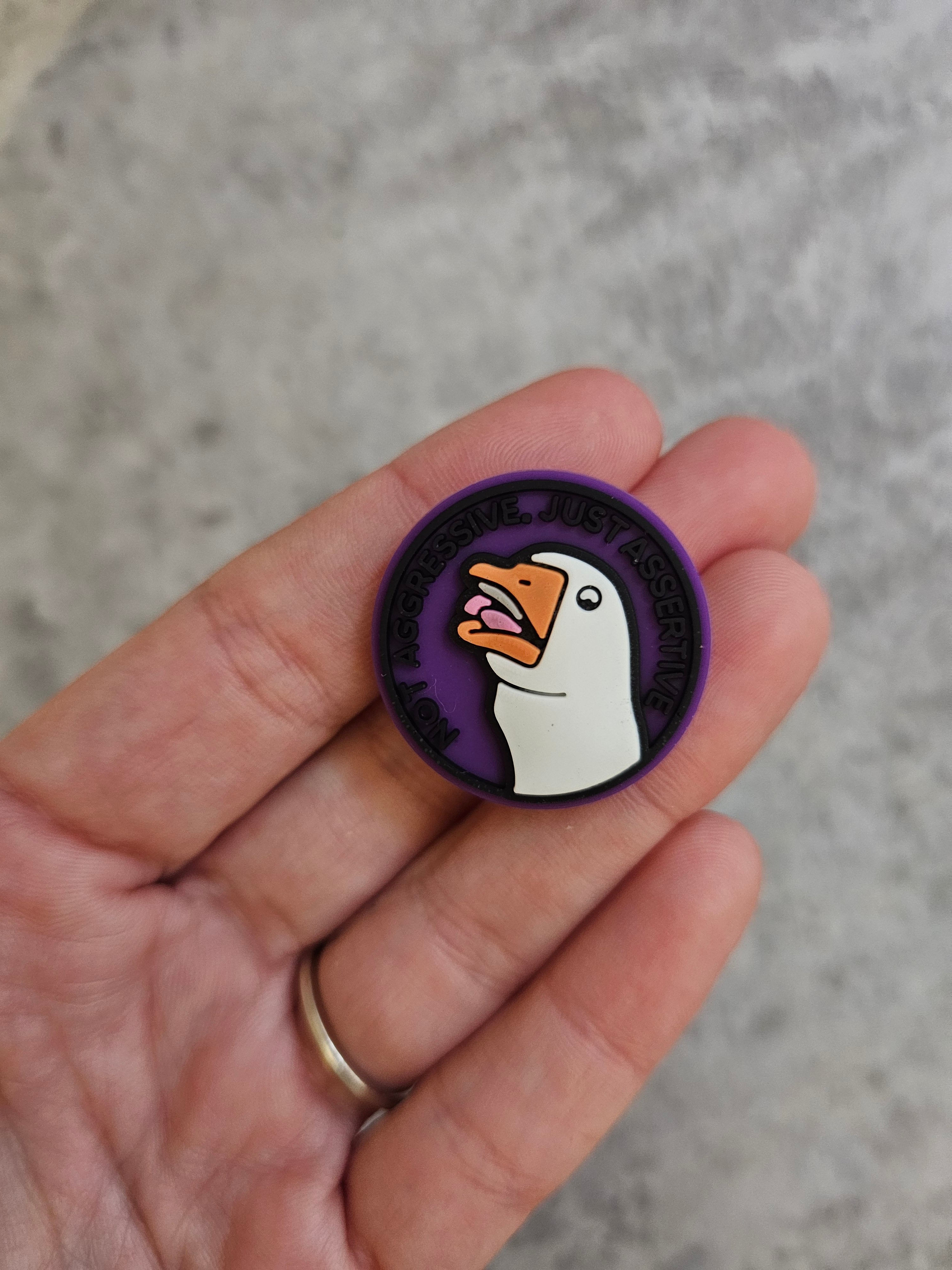 Not aggressive just assertive, goose purple circle, shoe charm